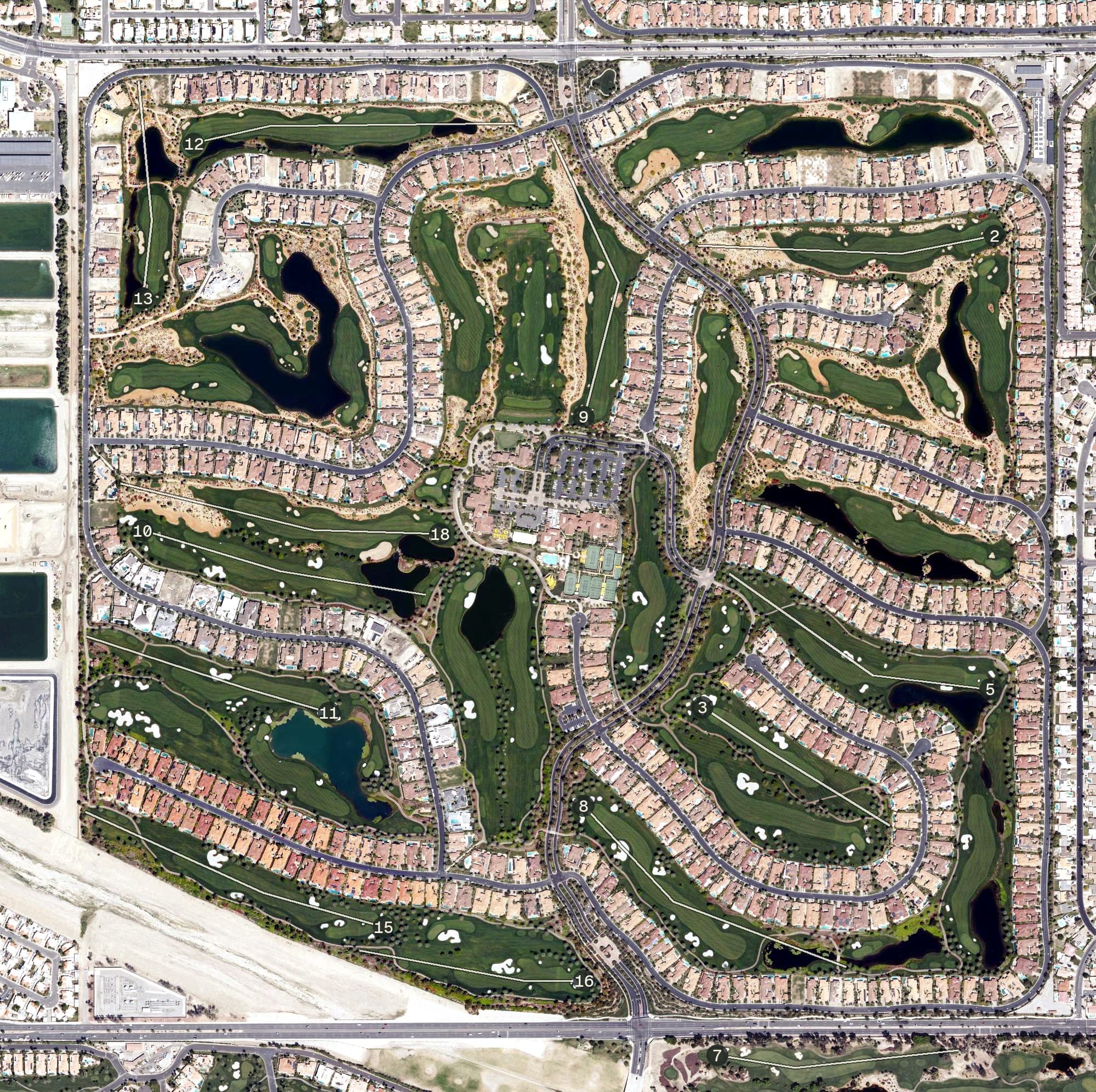 Aerial view of Toscana Country Club, CA, with its hole routing marked