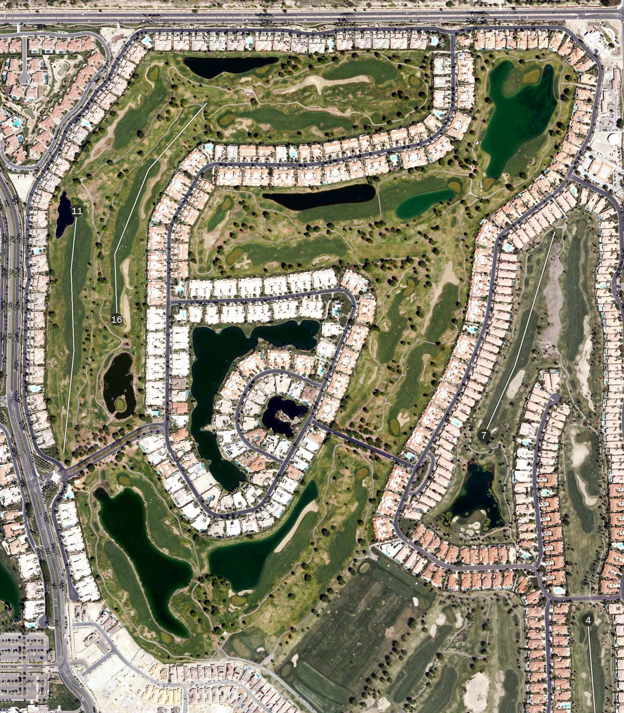 Aerial view of TPC Stadium Golf Course (PGA West), CA, with its hole routing marked