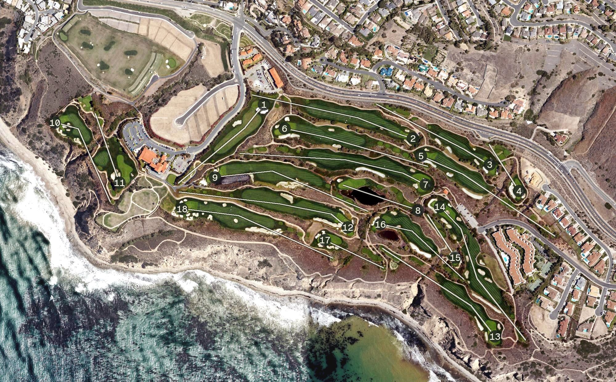 Aerial view of Trump National Golf Club Los Angeles, CA, with its hole routing marked