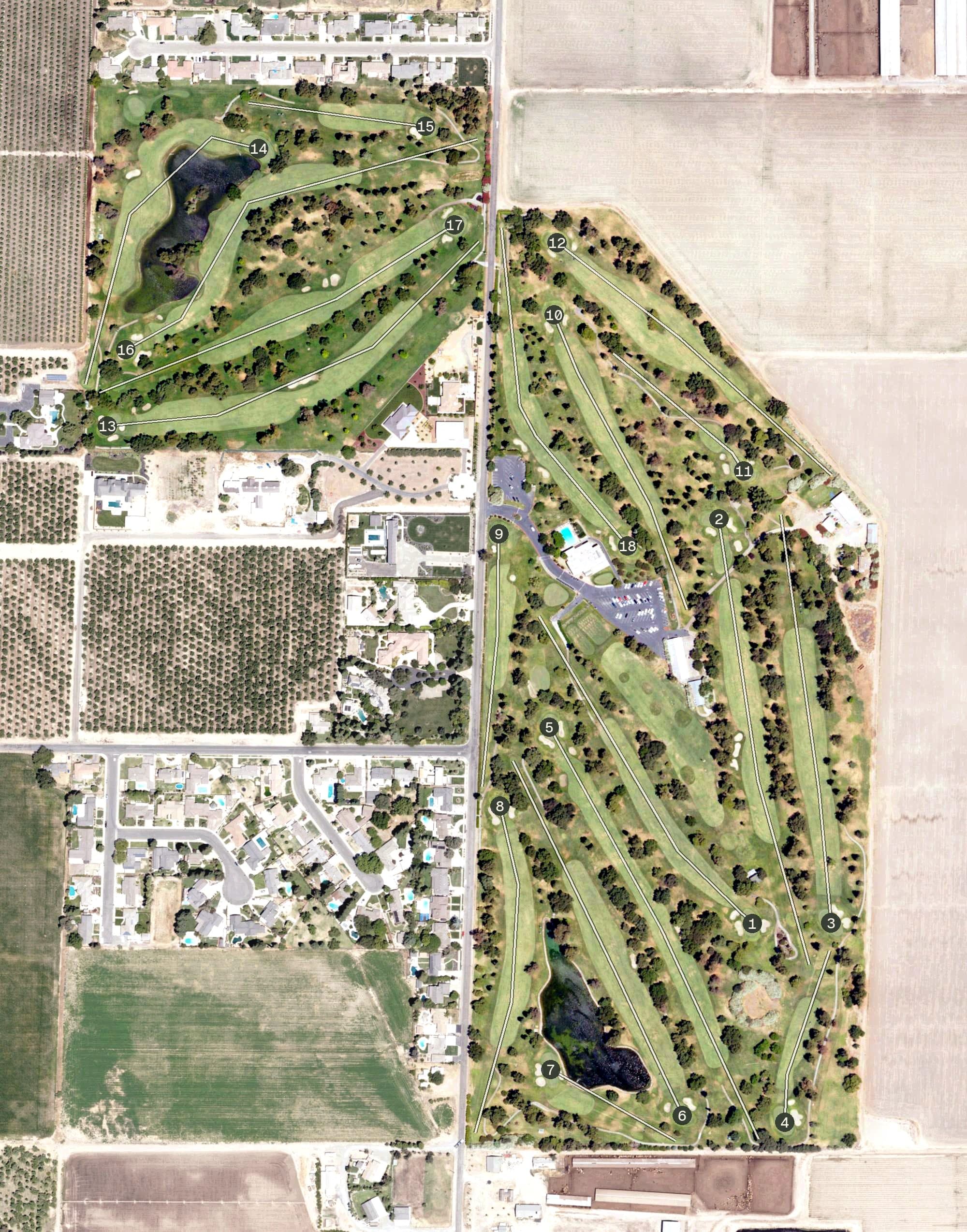 Aerial view of Turlock Golf & Country Club, CA, with its hole routing marked