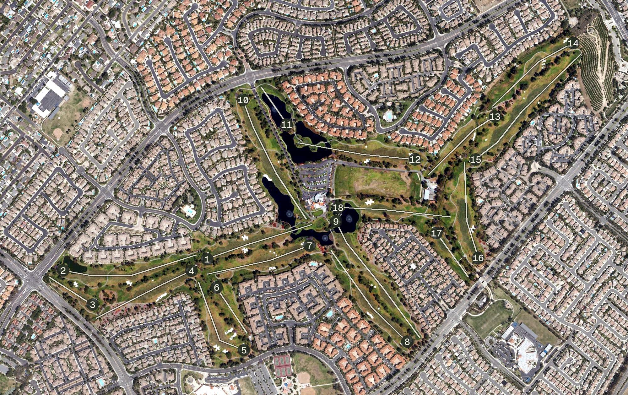 Aerial view of Tustin Ranch Golf Club, CA, with its hole routing marked