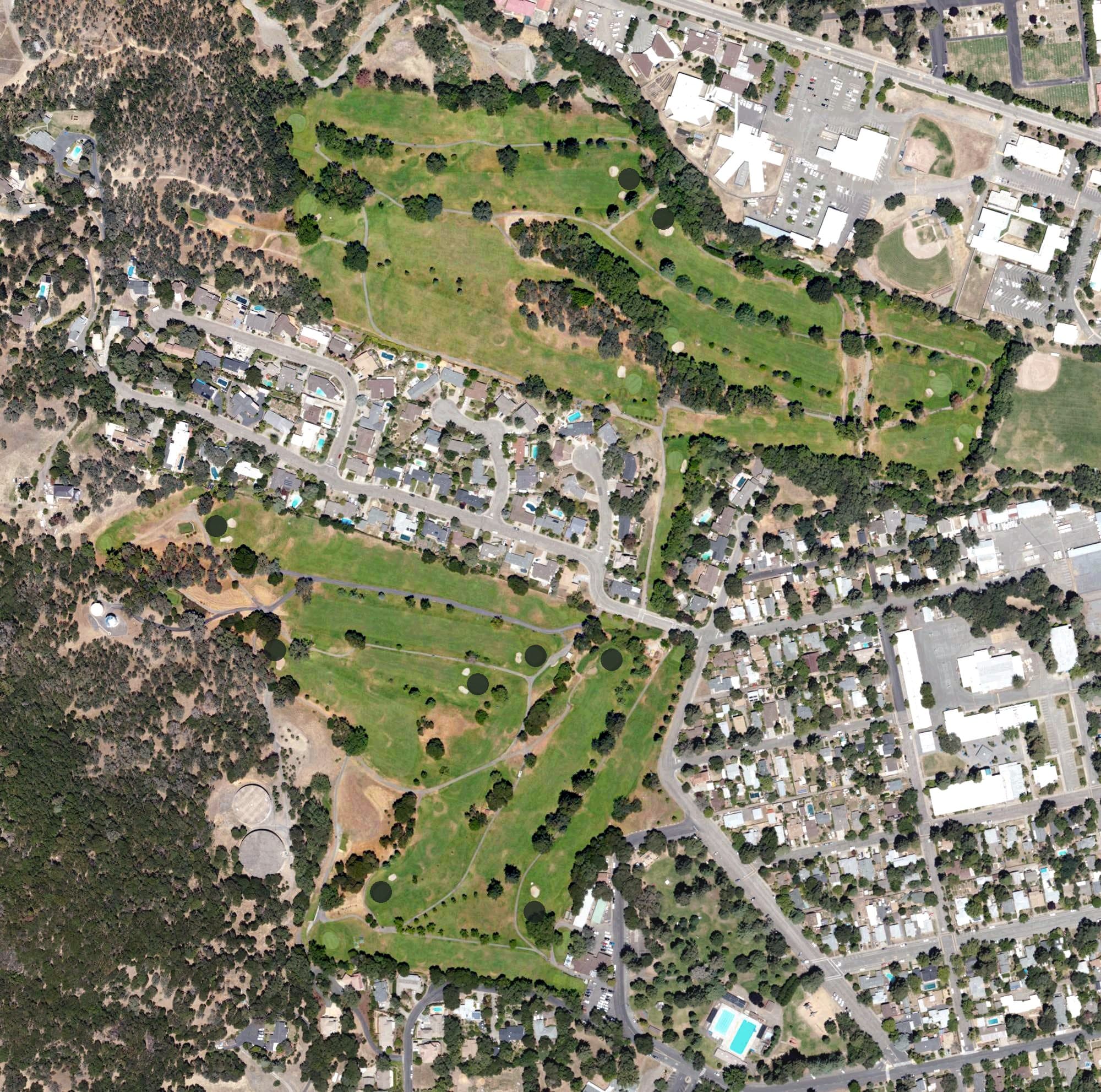 Aerial view of Ukiah Valley Golf Course, CA, with its hole routing marked