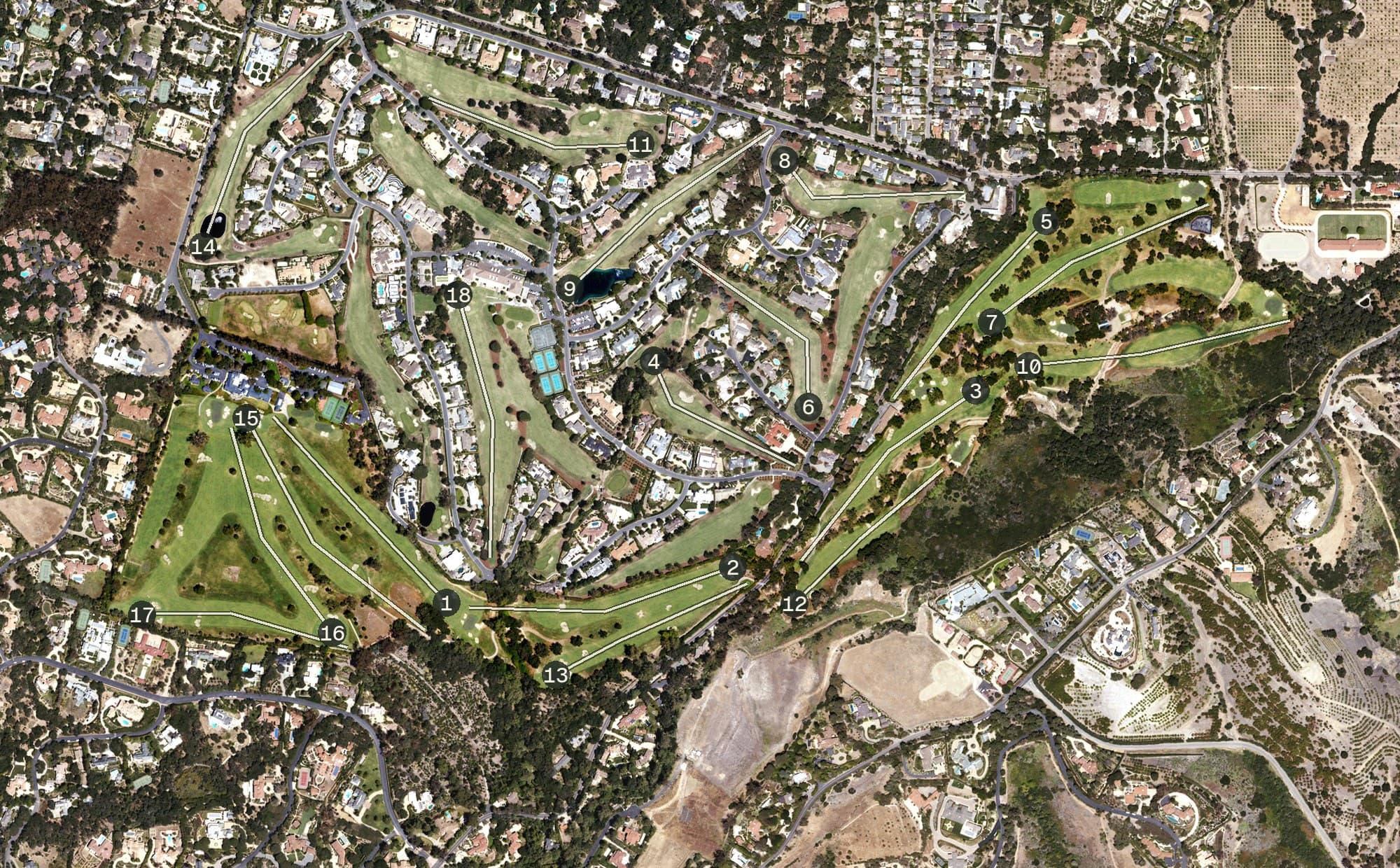 Aerial view of Valley Club of Montecito, CA, with its hole routing marked