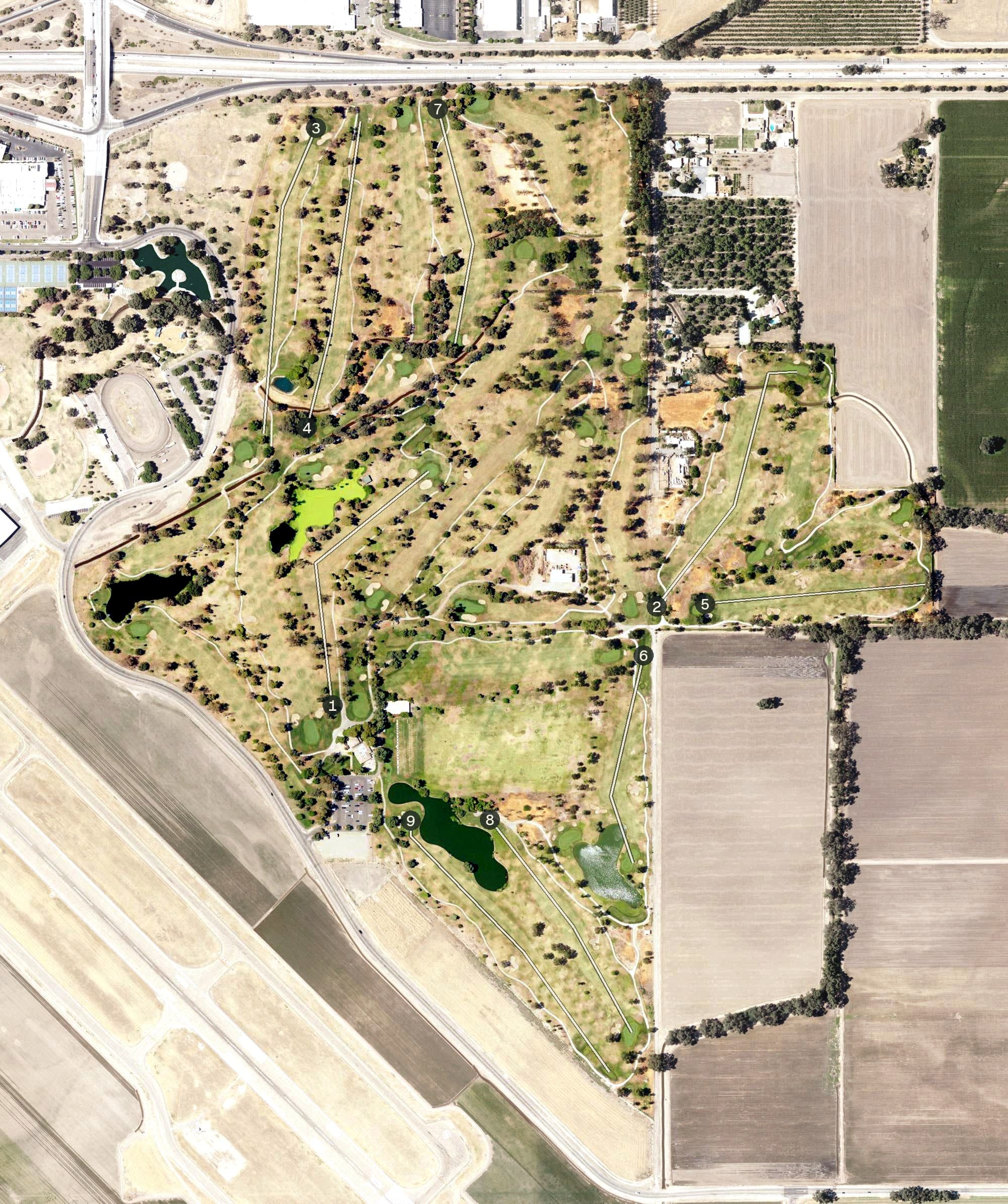Aerial view of Valley Oaks Golf Course, CA, with its hole routing marked