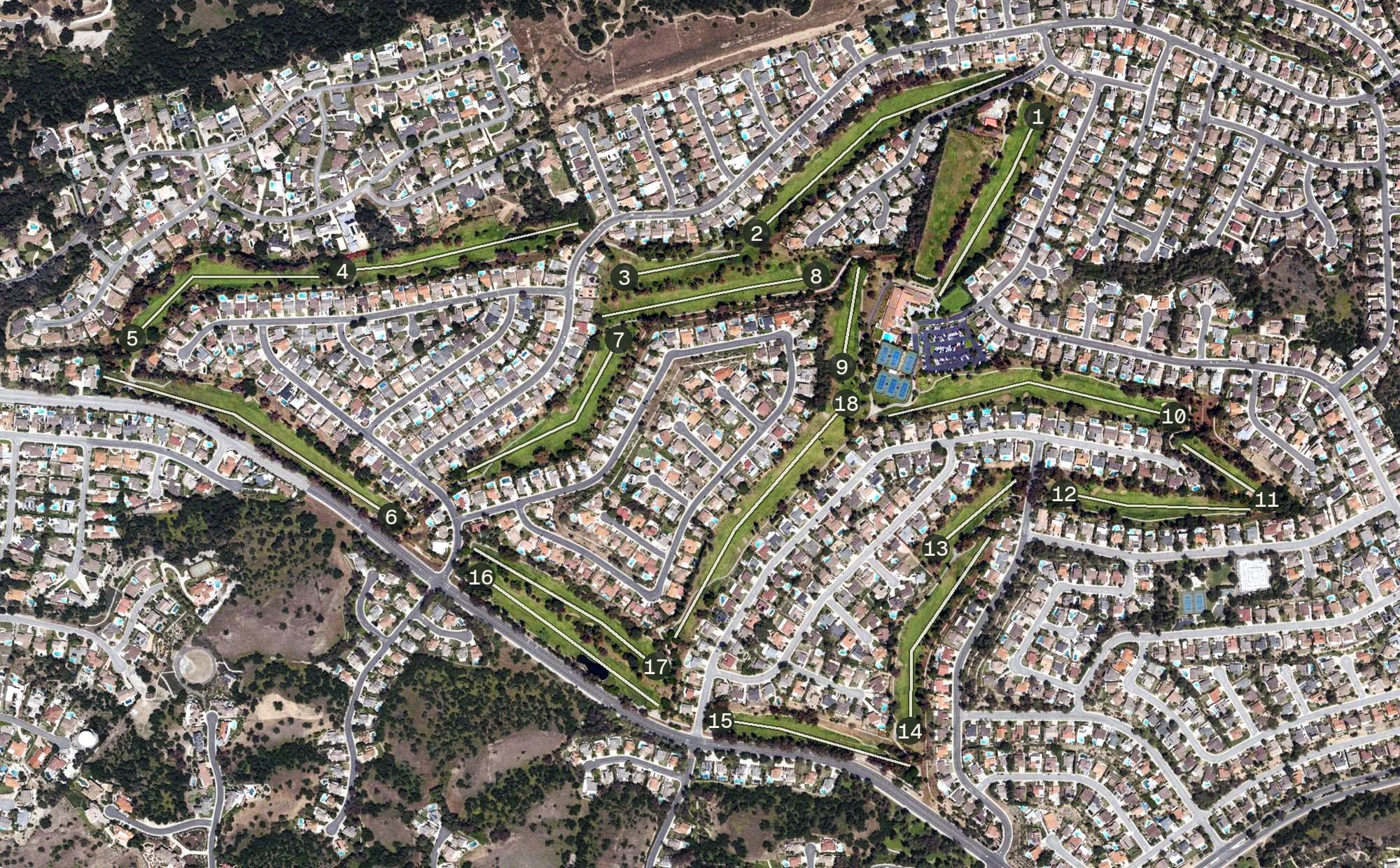 Aerial view of Via Verde Country Club, CA, with its hole routing marked