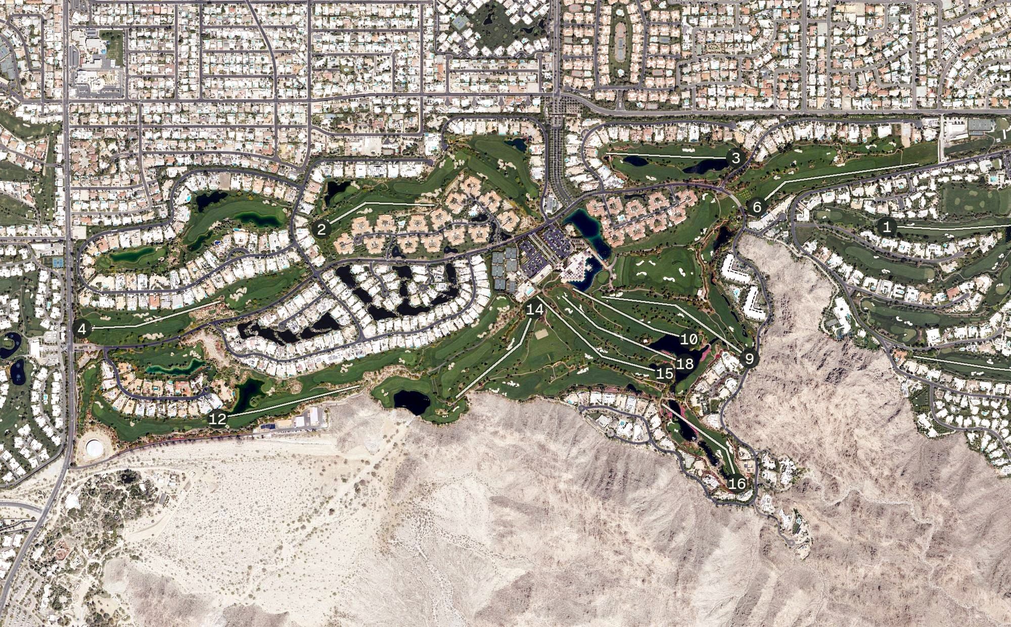 Aerial view of Vintage Club, CA, with its hole routing marked