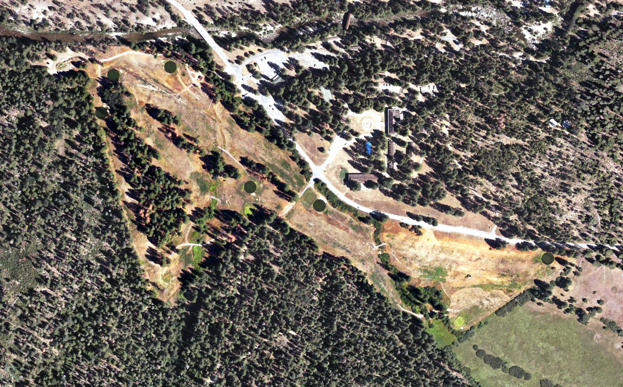 Aerial view of Wawona Golf Course, CA, with its hole routing marked