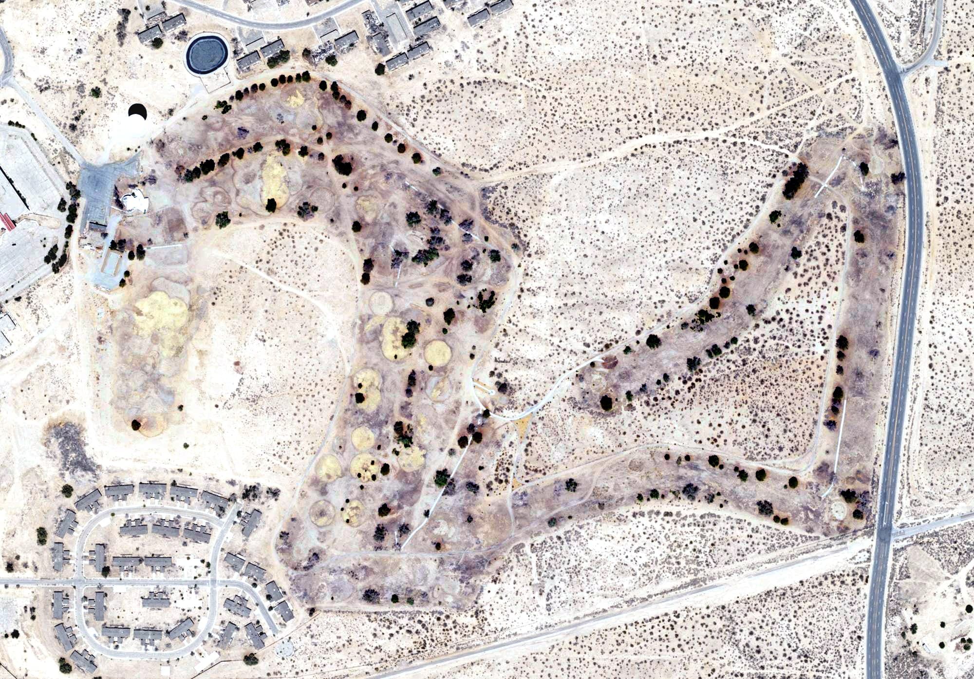 Aerial view of West Winds Golf Course, CA, with its hole routing marked