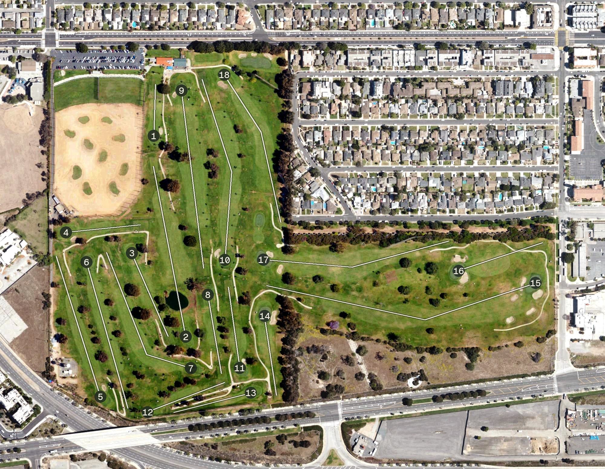 Aerial view of Westchester Golf Course, CA, with its hole routing marked