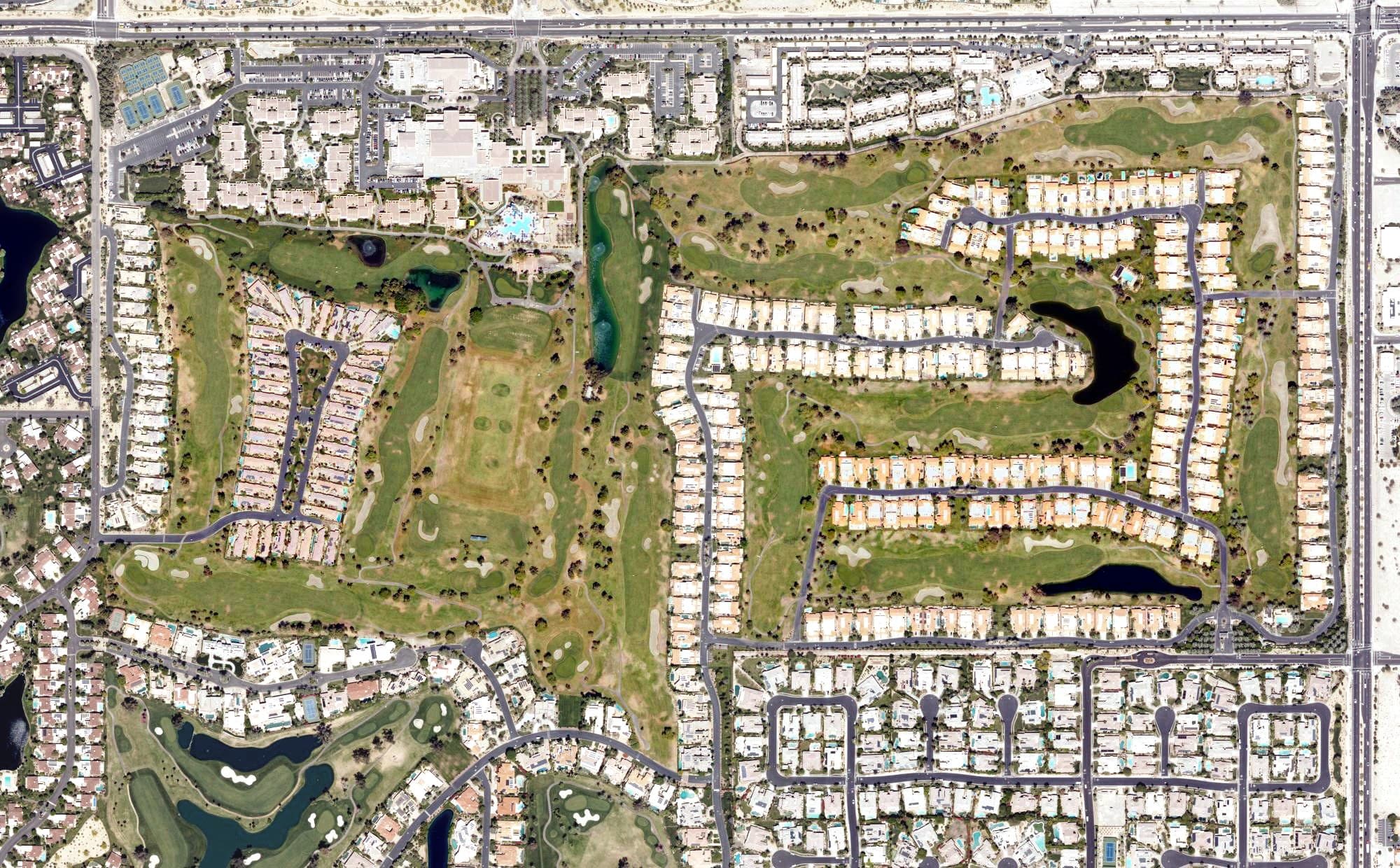 Aerial view of Westin Mission Hills Resort - Pete Dye Course, CA, with its hole routing marked