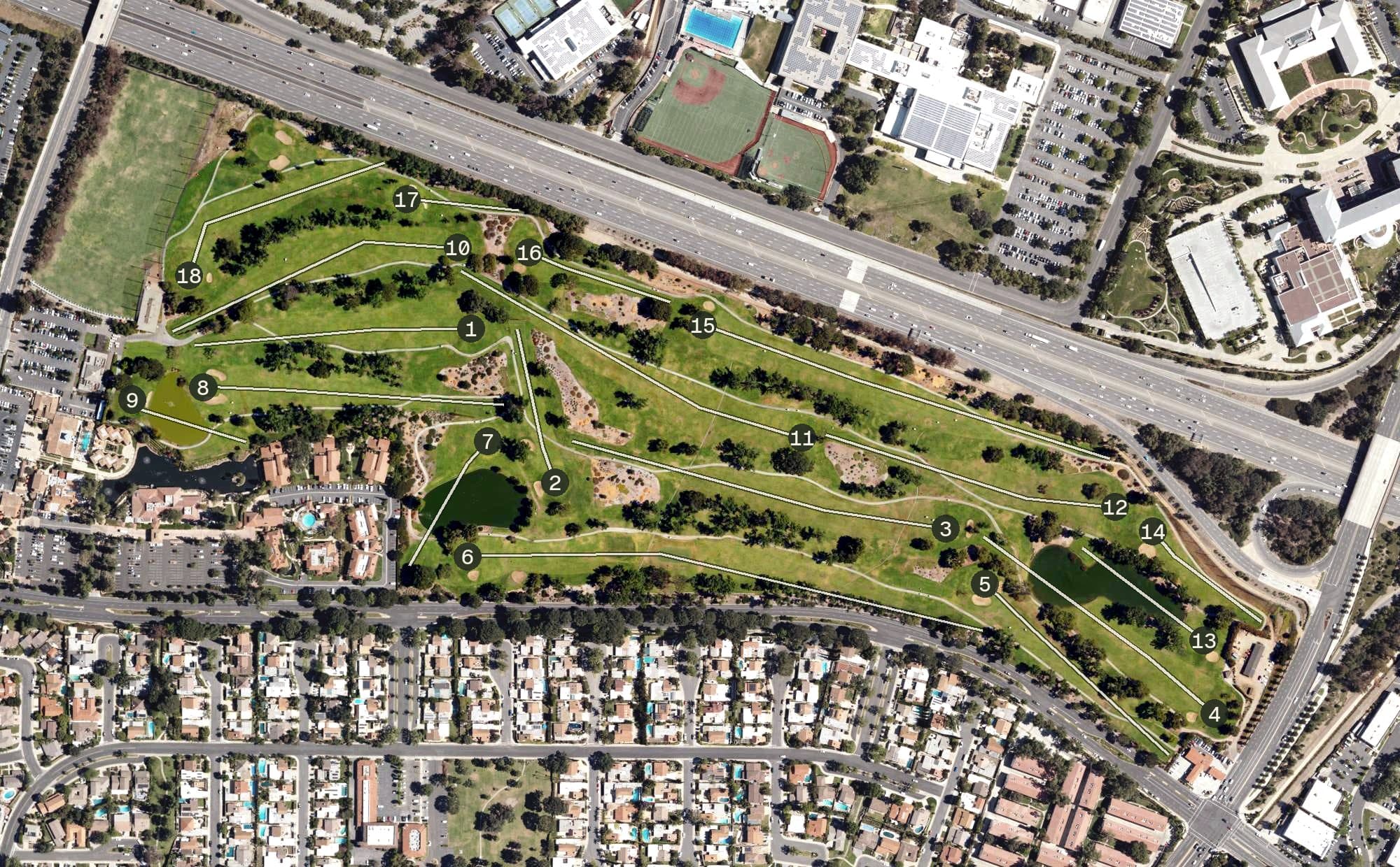 Aerial view of Westlake Golf Course, CA, with its hole routing marked