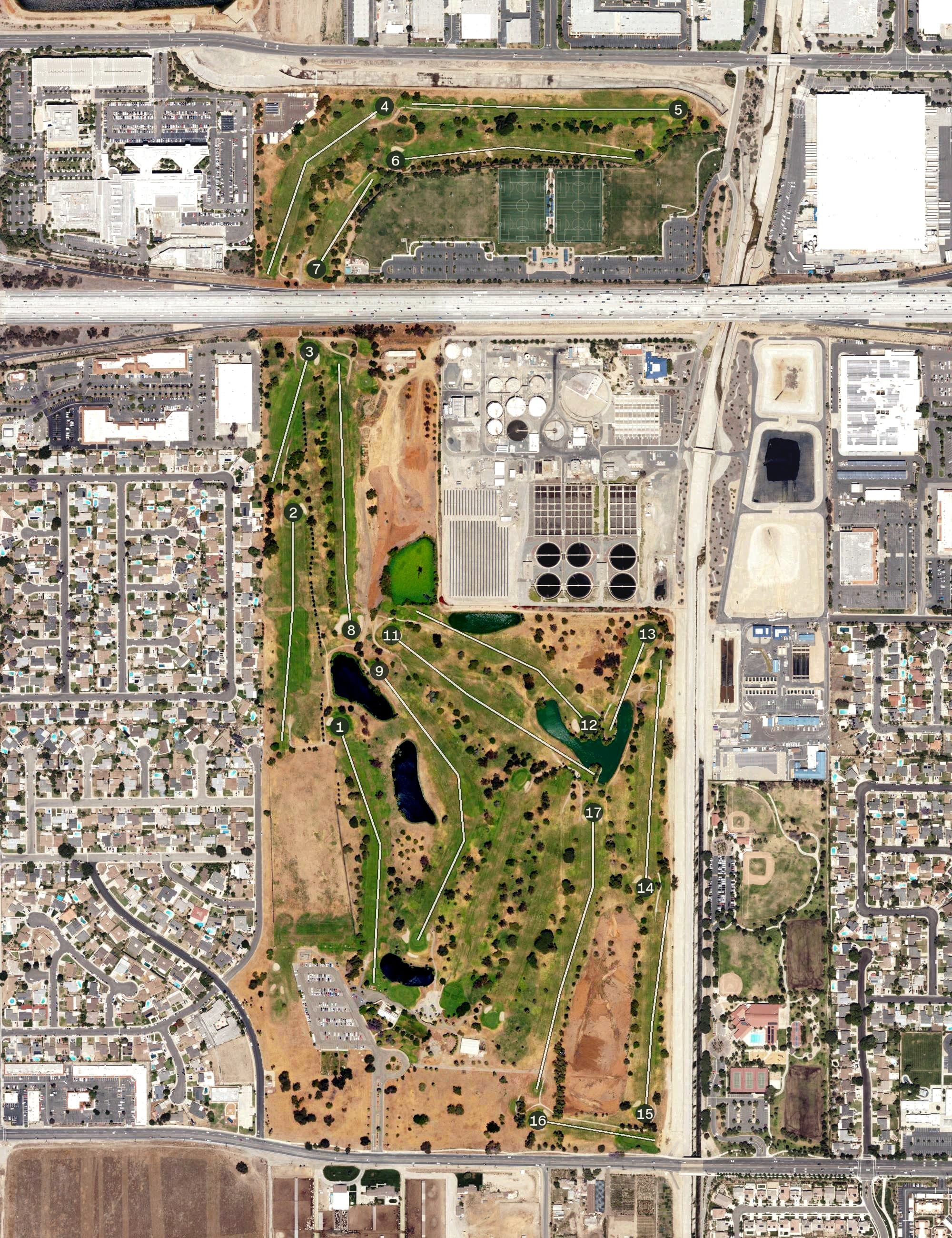 Aerial view of Whispering Lakes Golf Course, CA, with its hole routing marked