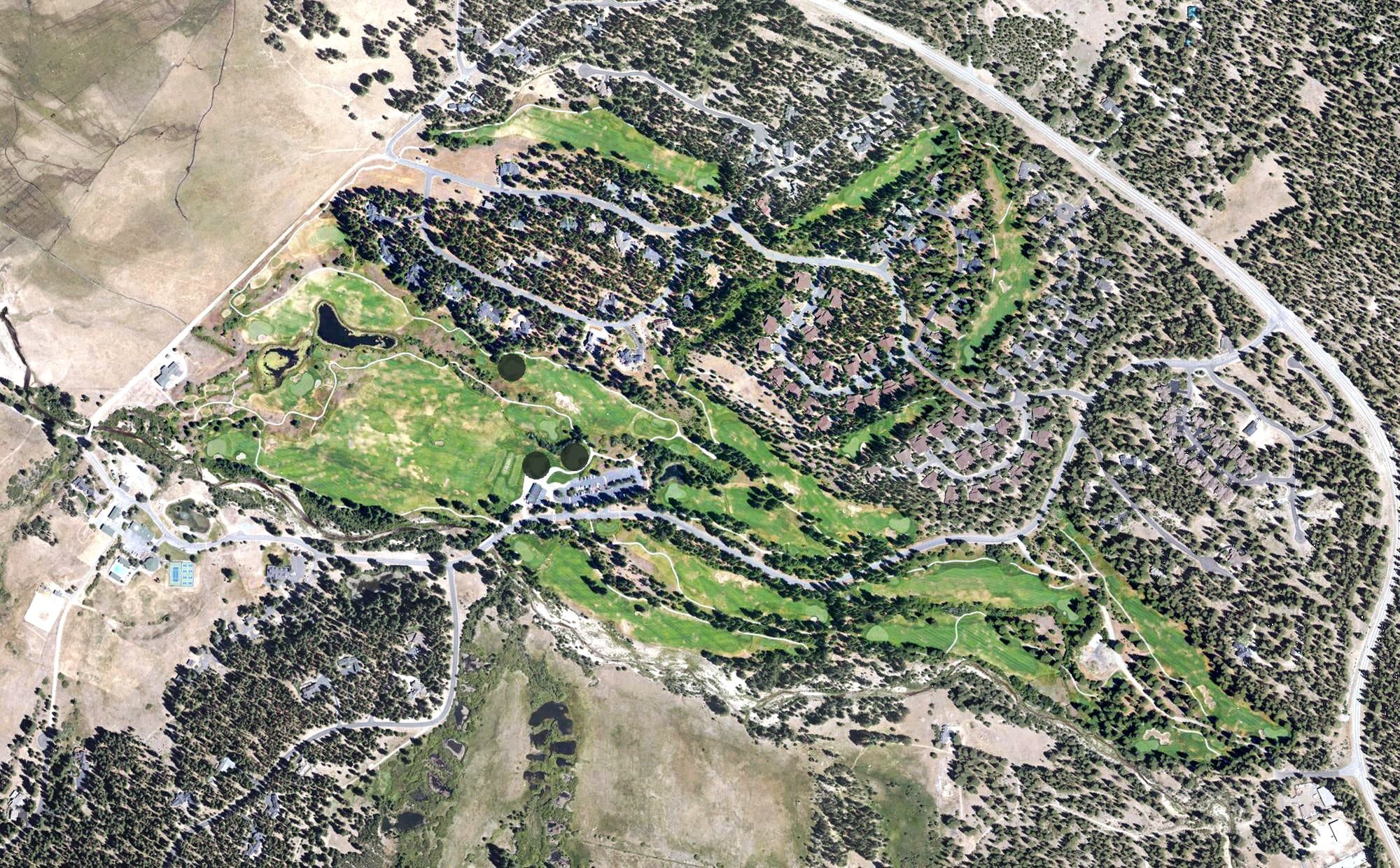 Aerial view of Whitehawk Ranch Golf Course, CA, with its hole routing marked