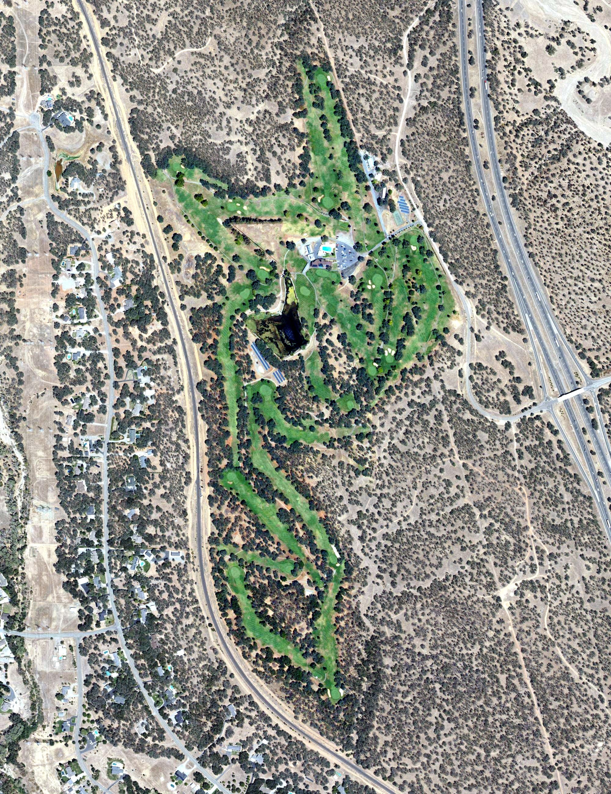 Aerial view of Wilcox Oaks Golf Course, CA, with its hole routing marked