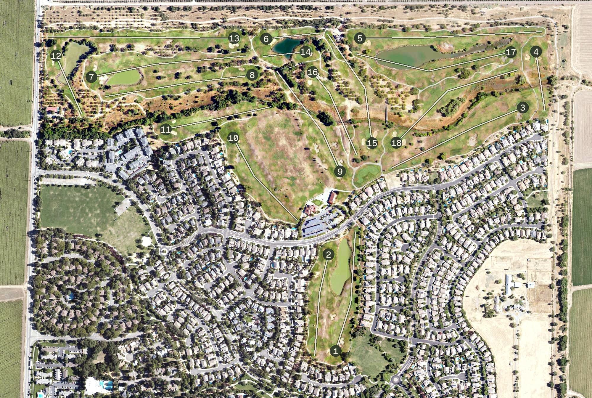 Aerial view of Wildhorse Golf Club, CA, with its hole routing marked