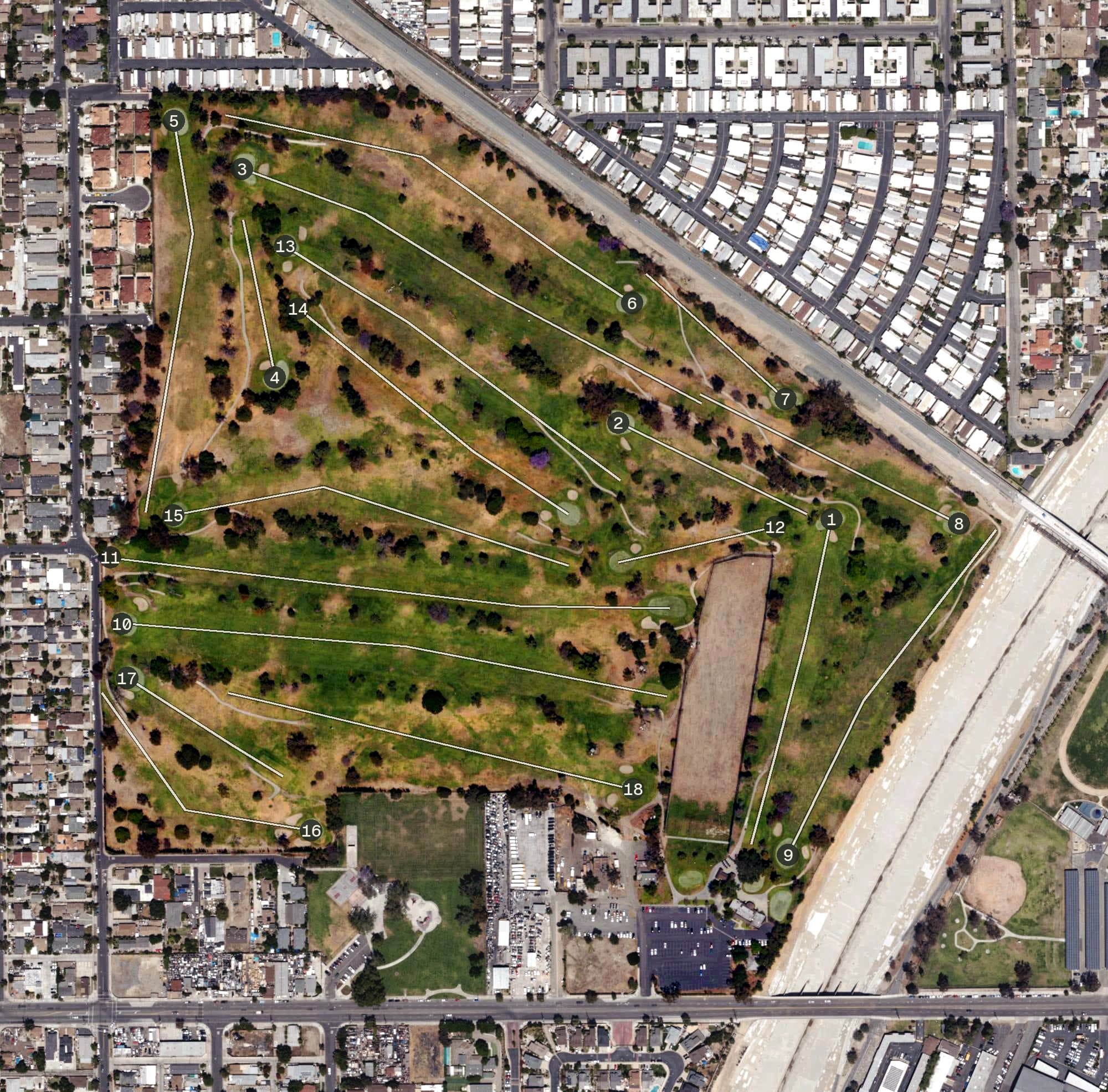 Aerial view of Willowick Municipal Golf Course, CA, with its hole routing marked