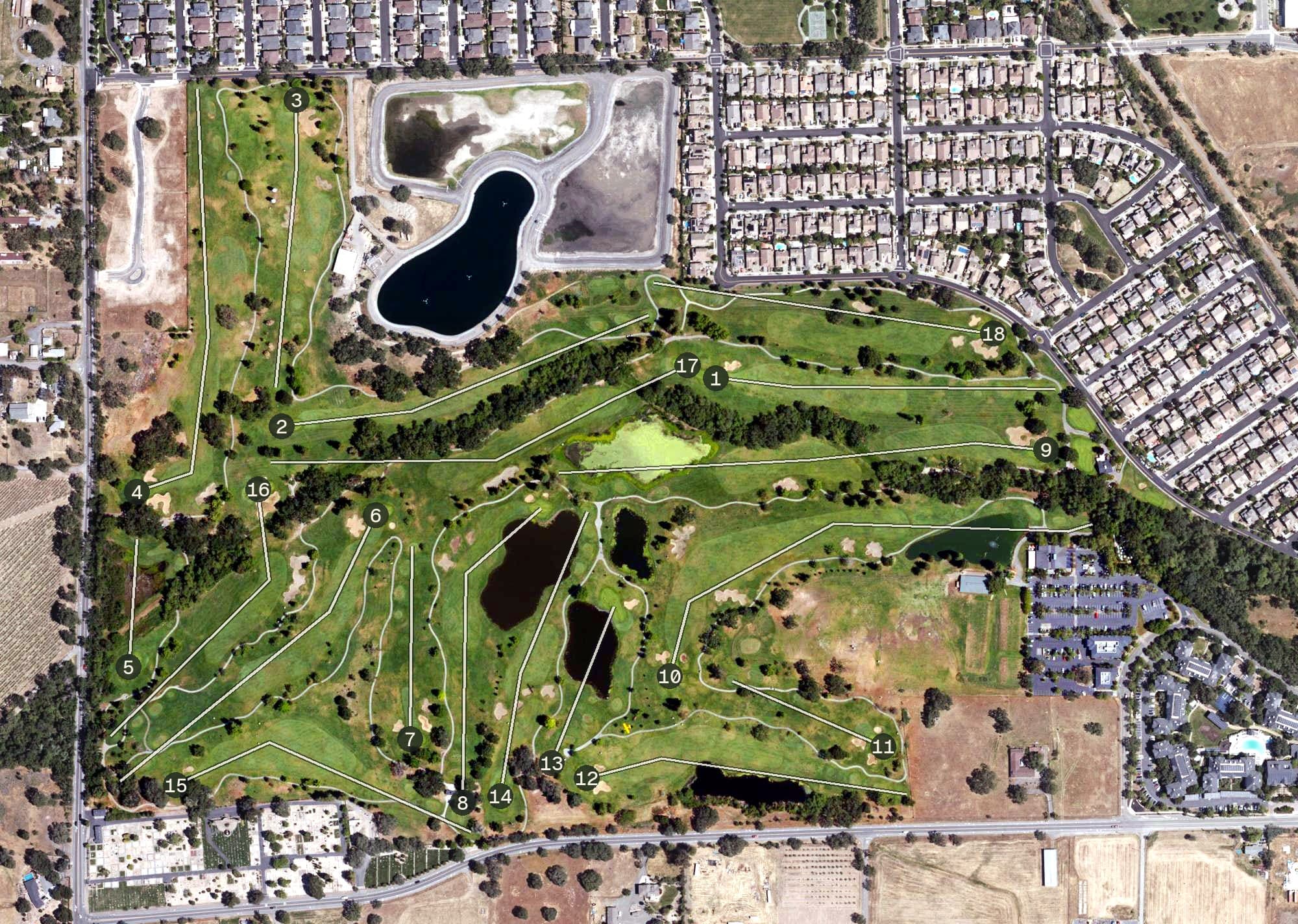 Aerial view of Windsor Golf Club, CA, with its hole routing marked