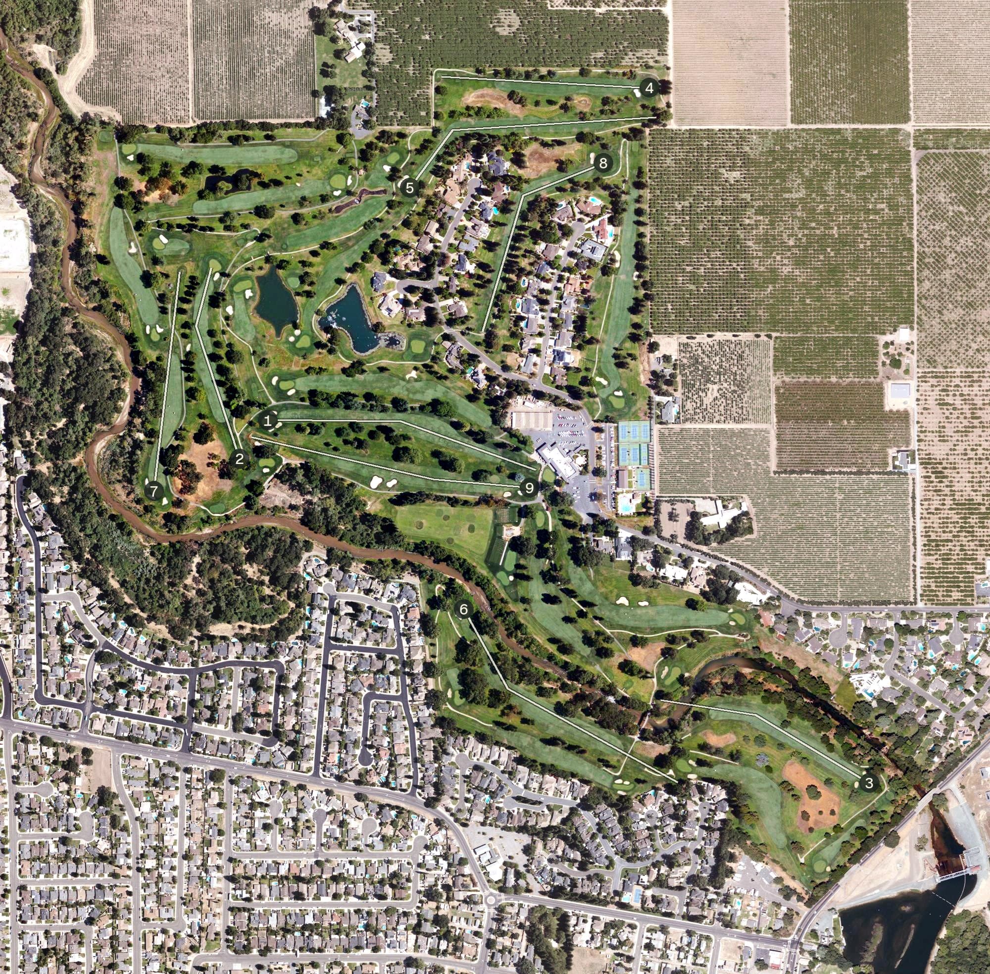 Aerial view of Woodbridge Golf & Country Club, CA, with its hole routing marked