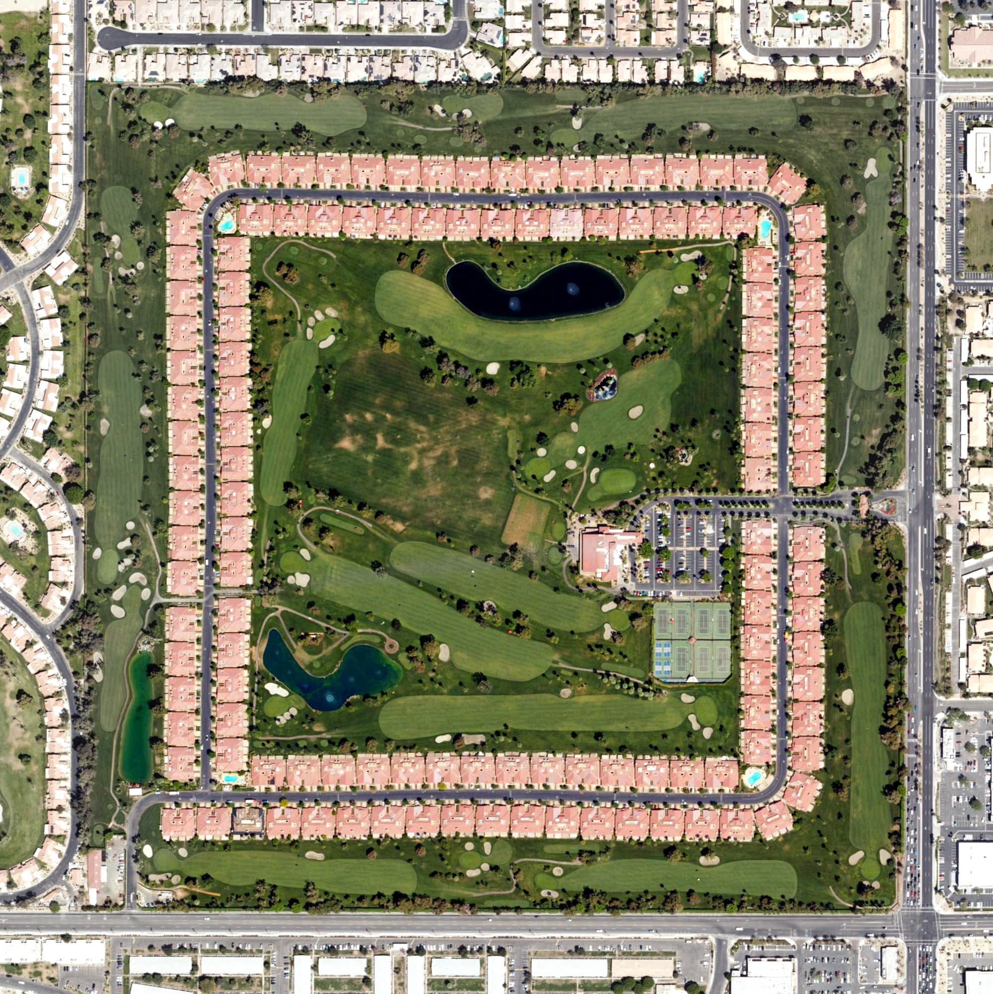 Aerial view of Woodhaven Golf Course, CA, with its hole routing marked