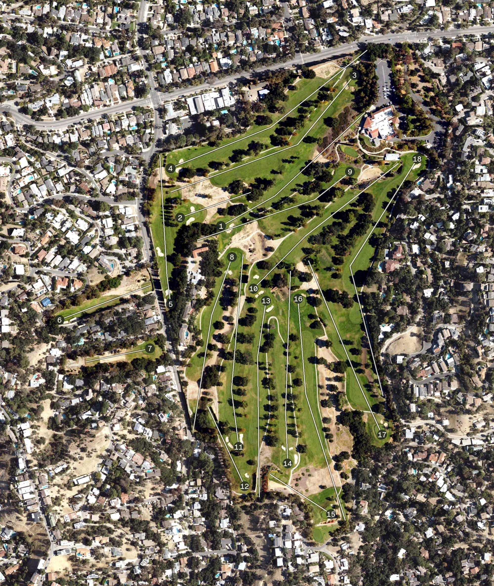 Aerial view of Woodland Hills Country Club, CA, with its hole routing marked