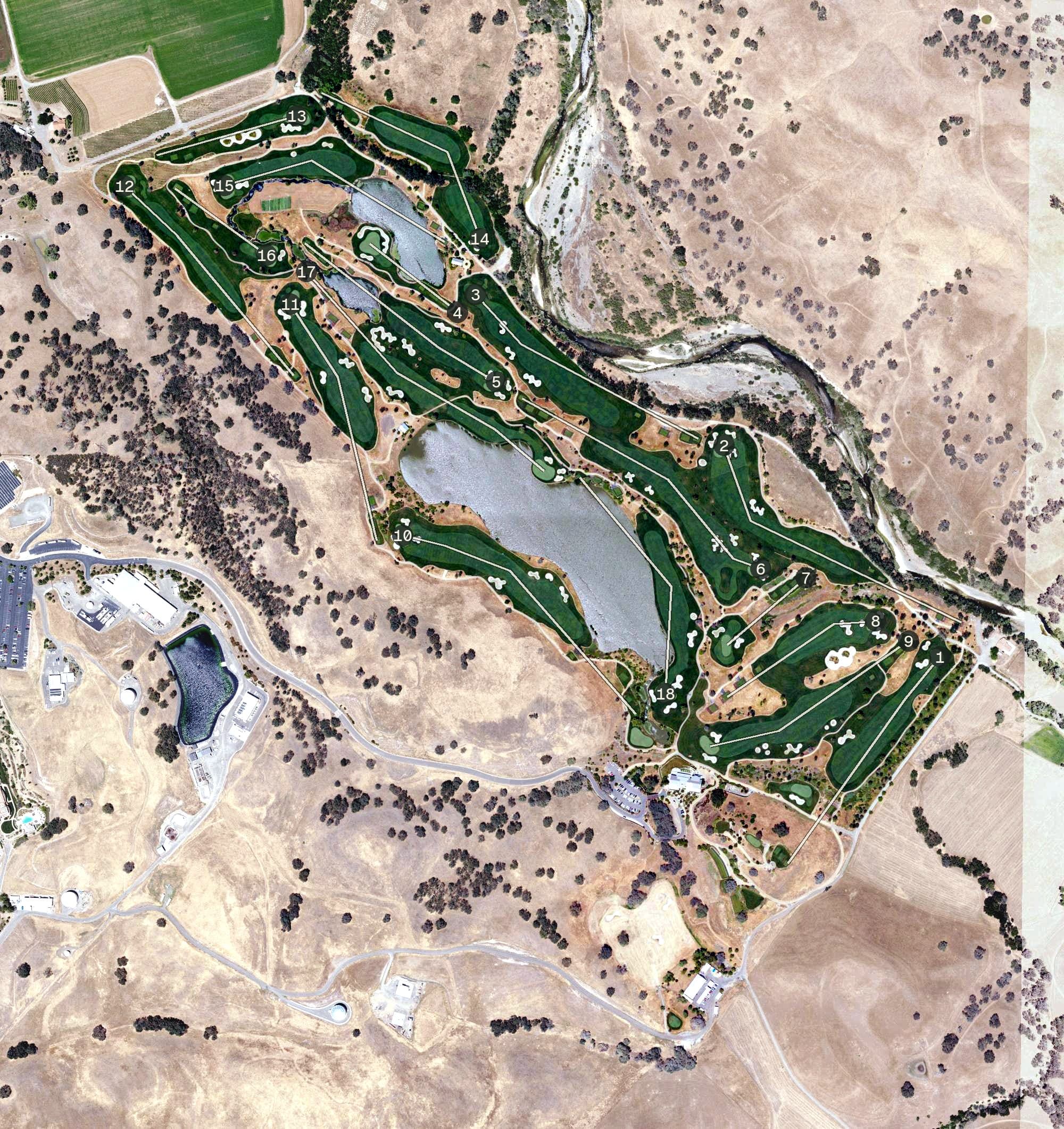 Aerial view of Yocha Dehe Golf Club, CA, with its hole routing marked