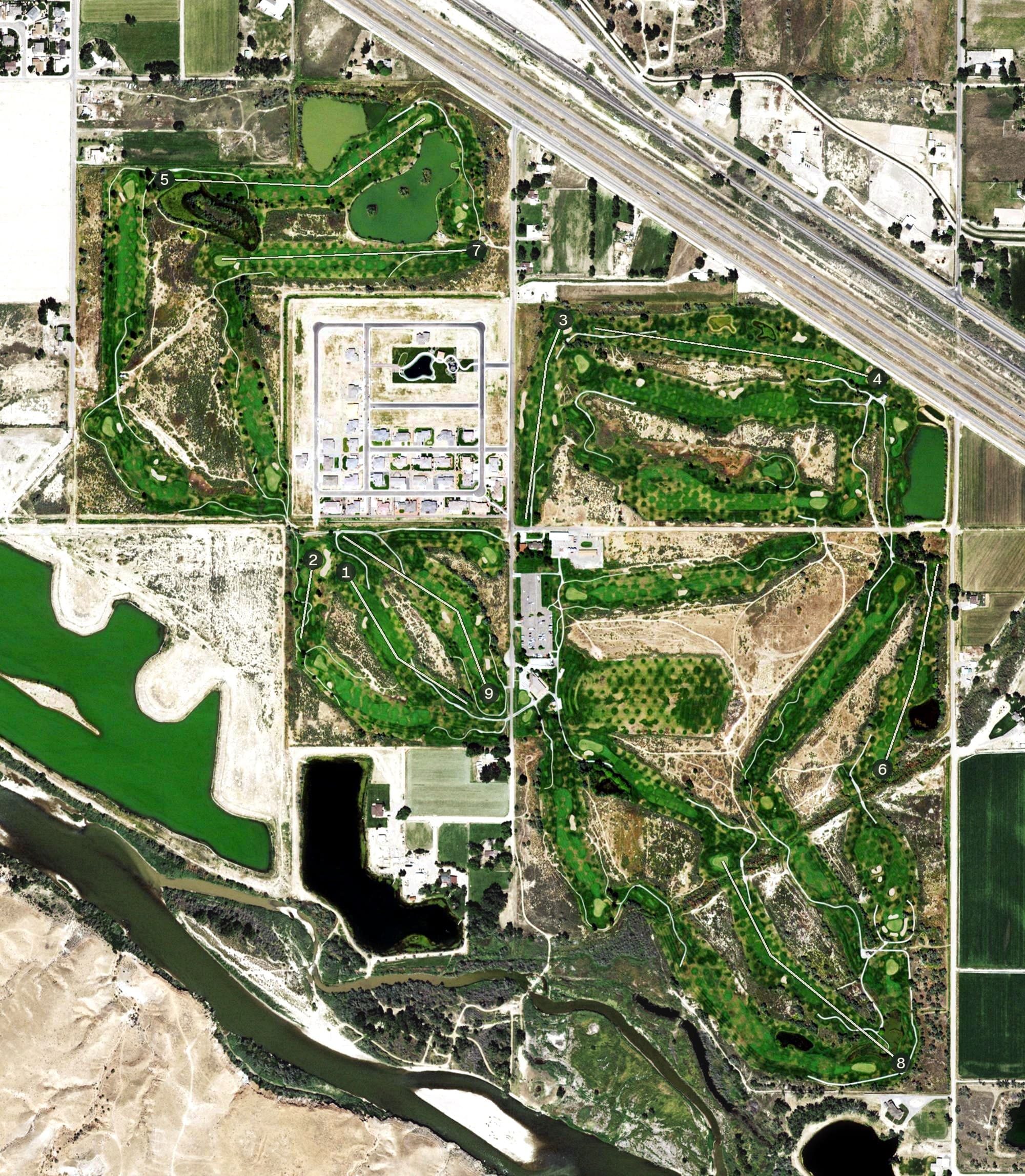 Aerial view of Adobe Creek National Golf Course, CO, with its hole routing marked