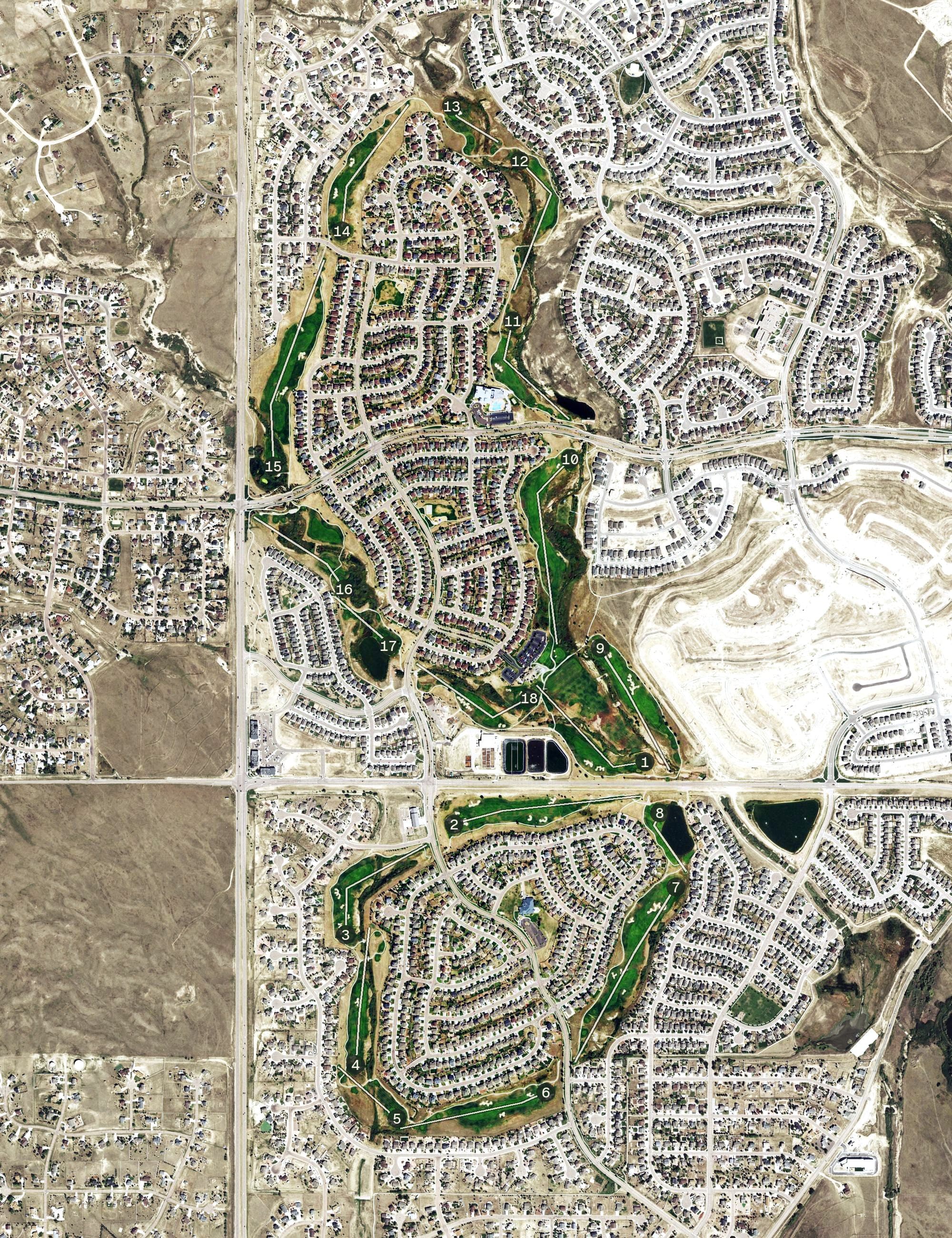 Aerial view of Antler Creek Golf Course, CO, with its hole routing marked
