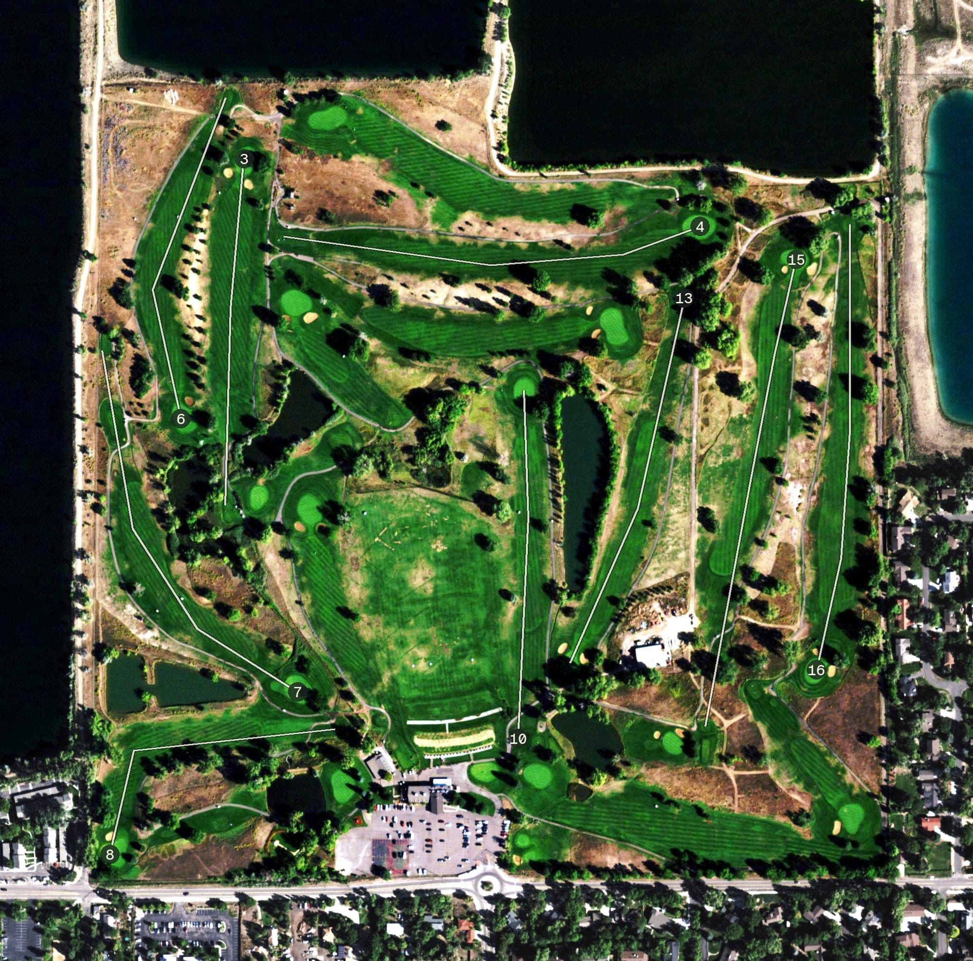 Aerial view of Applewood Golf Course, CO, with its hole routing marked