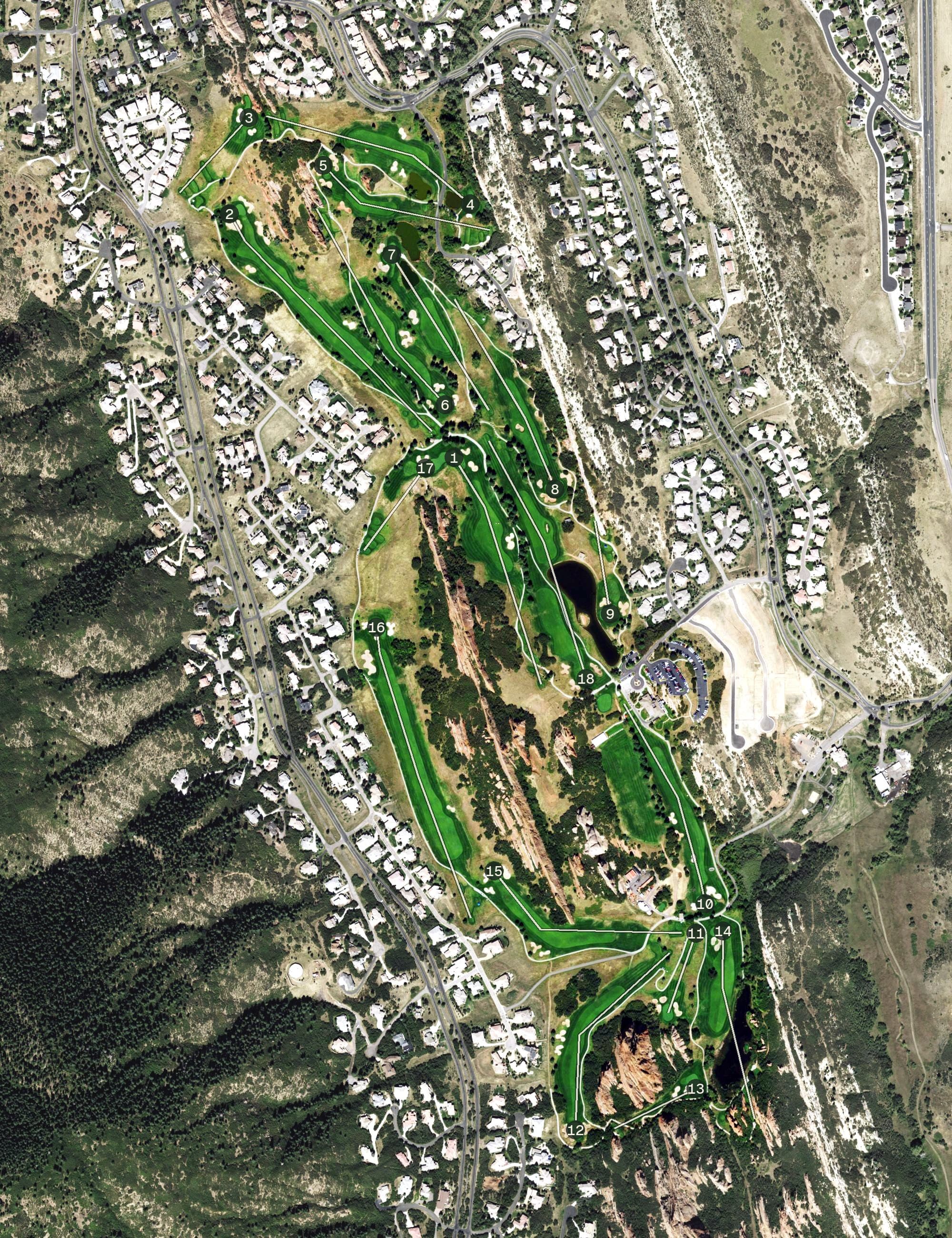 Aerial view of Arrowhead Golf Club, CO, with its hole routing marked