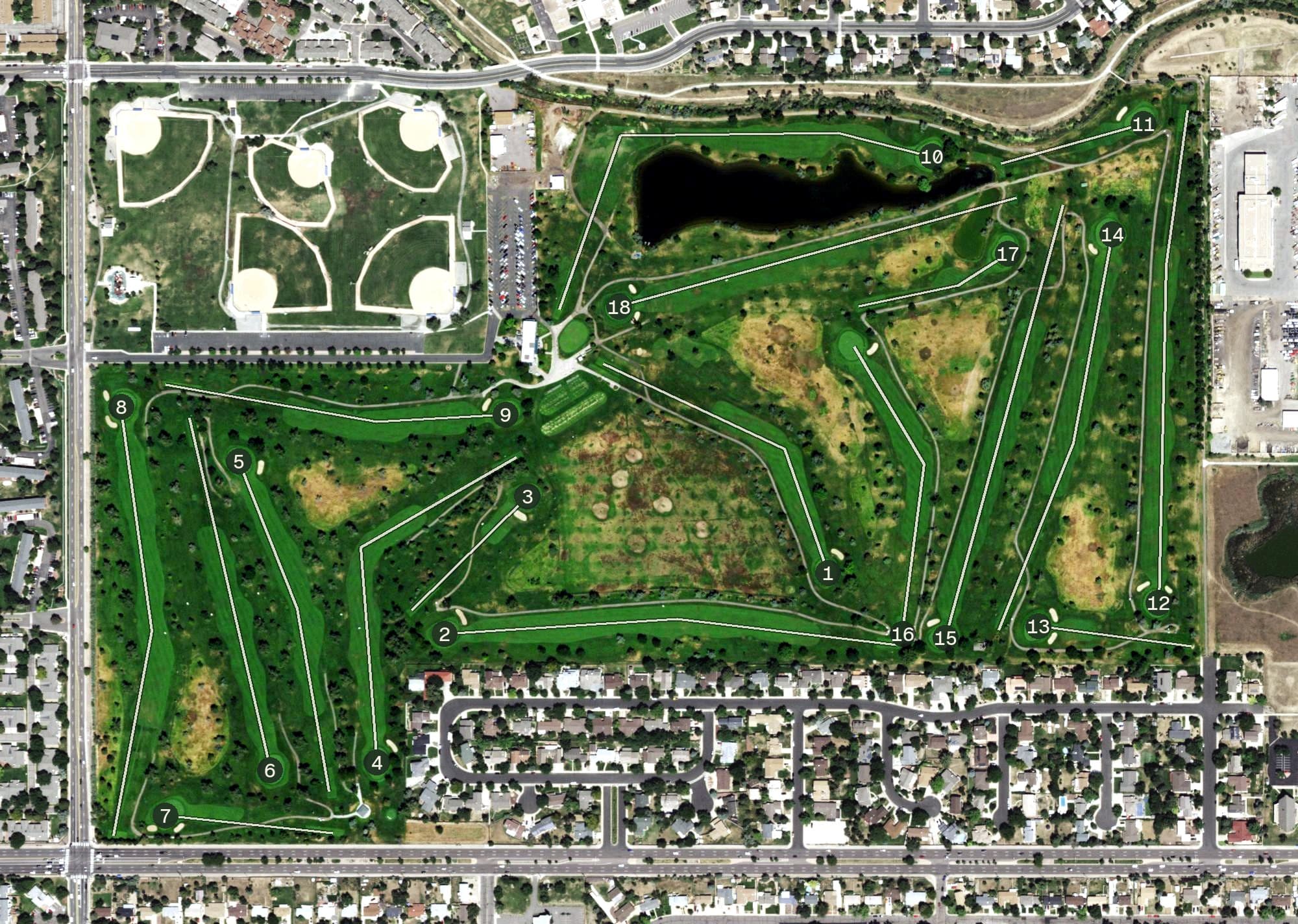 Aerial view of Aurora Hills Golf Course, CO, with its hole routing marked
