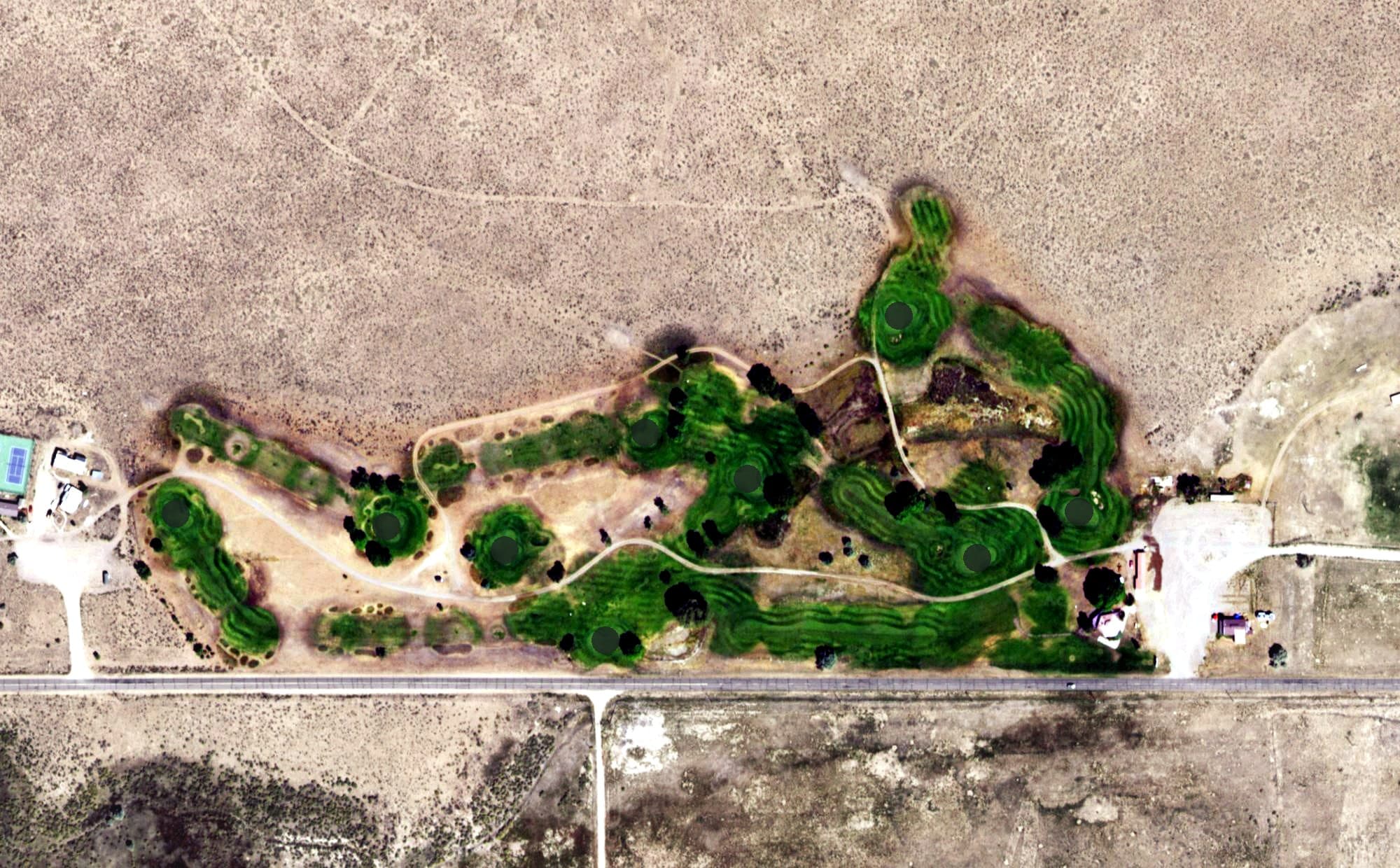 Aerial view of Baca Grande Golf Club, CO, with its hole routing marked