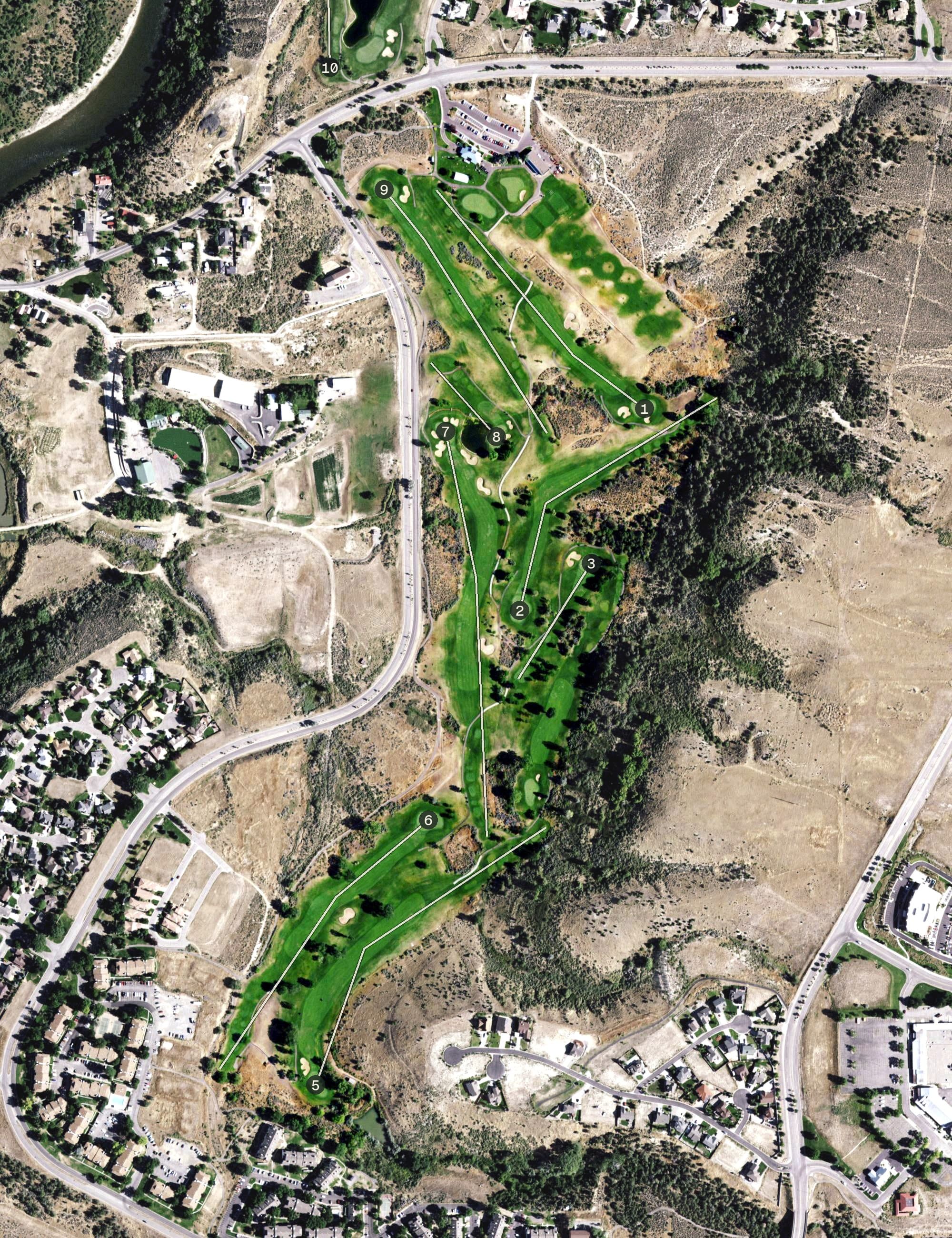 Aerial view of Battlement Mesa Golf Club, CO, with its hole routing marked