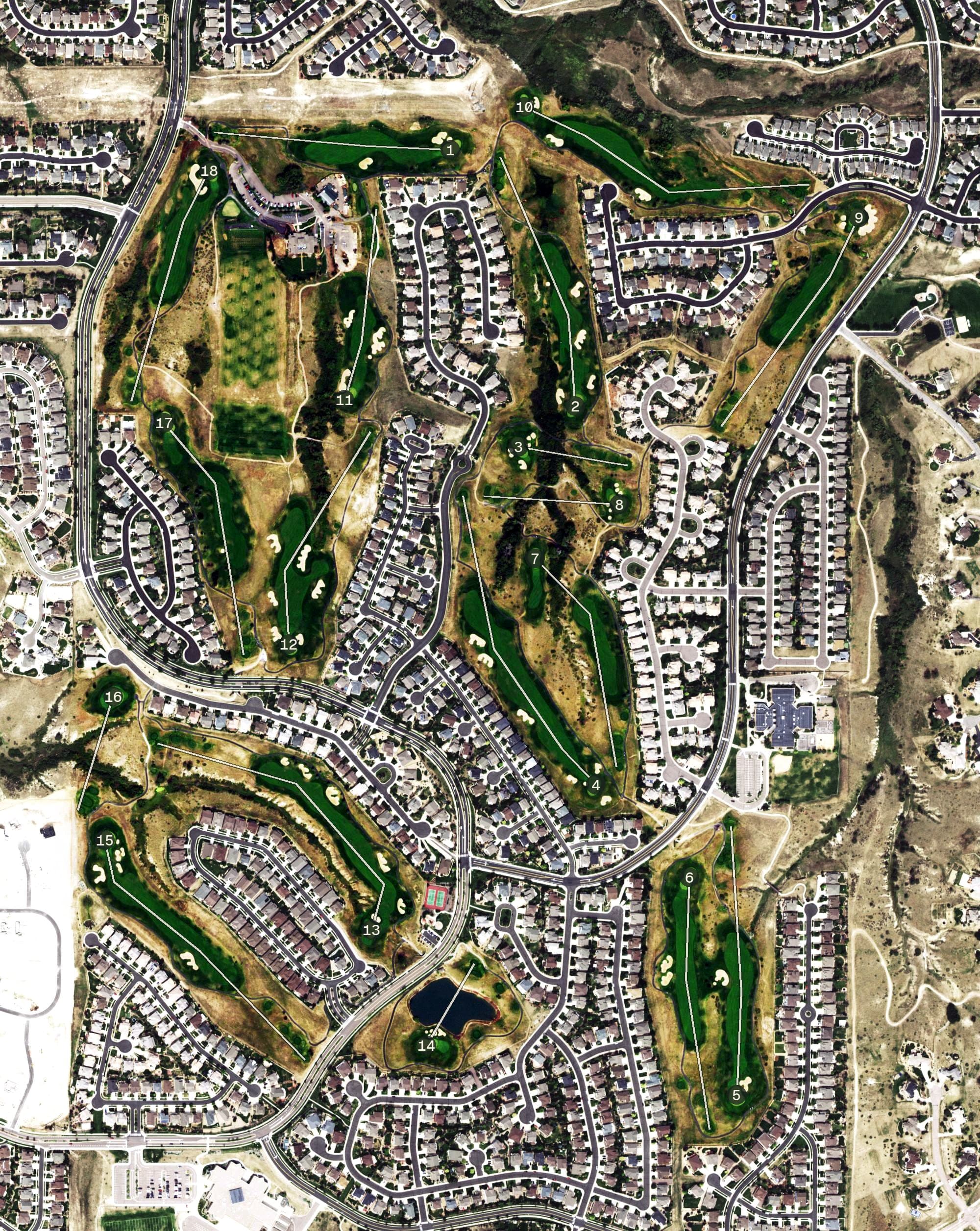 Aerial view of Black Bear Golf Club, CO, with its hole routing marked