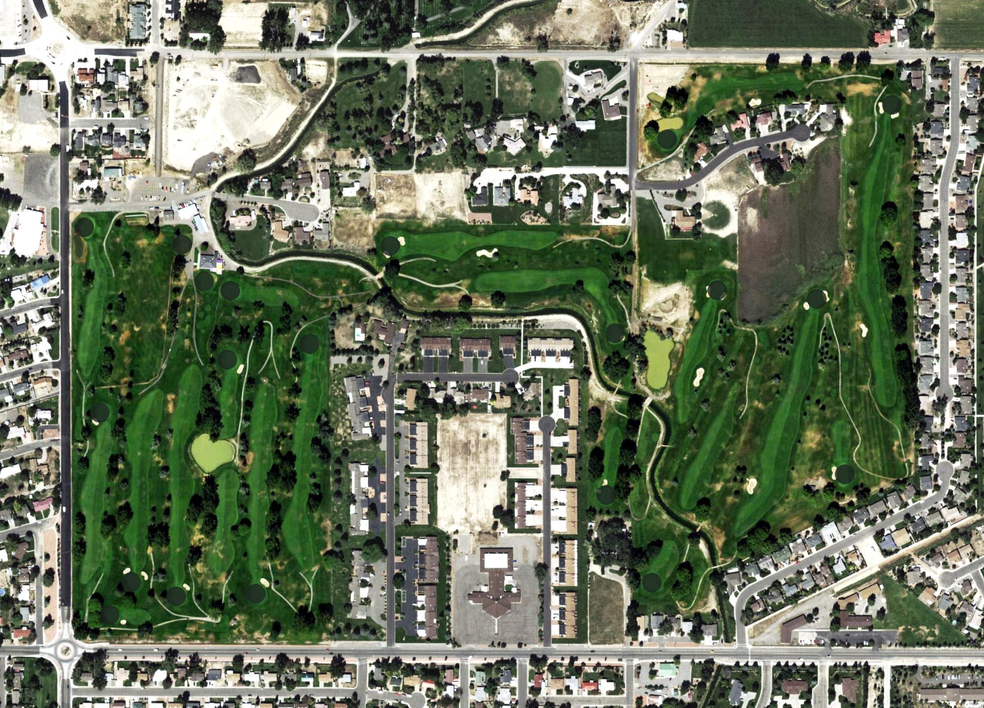 Aerial view of Black Canyon Golf Course, CO, with its hole routing marked