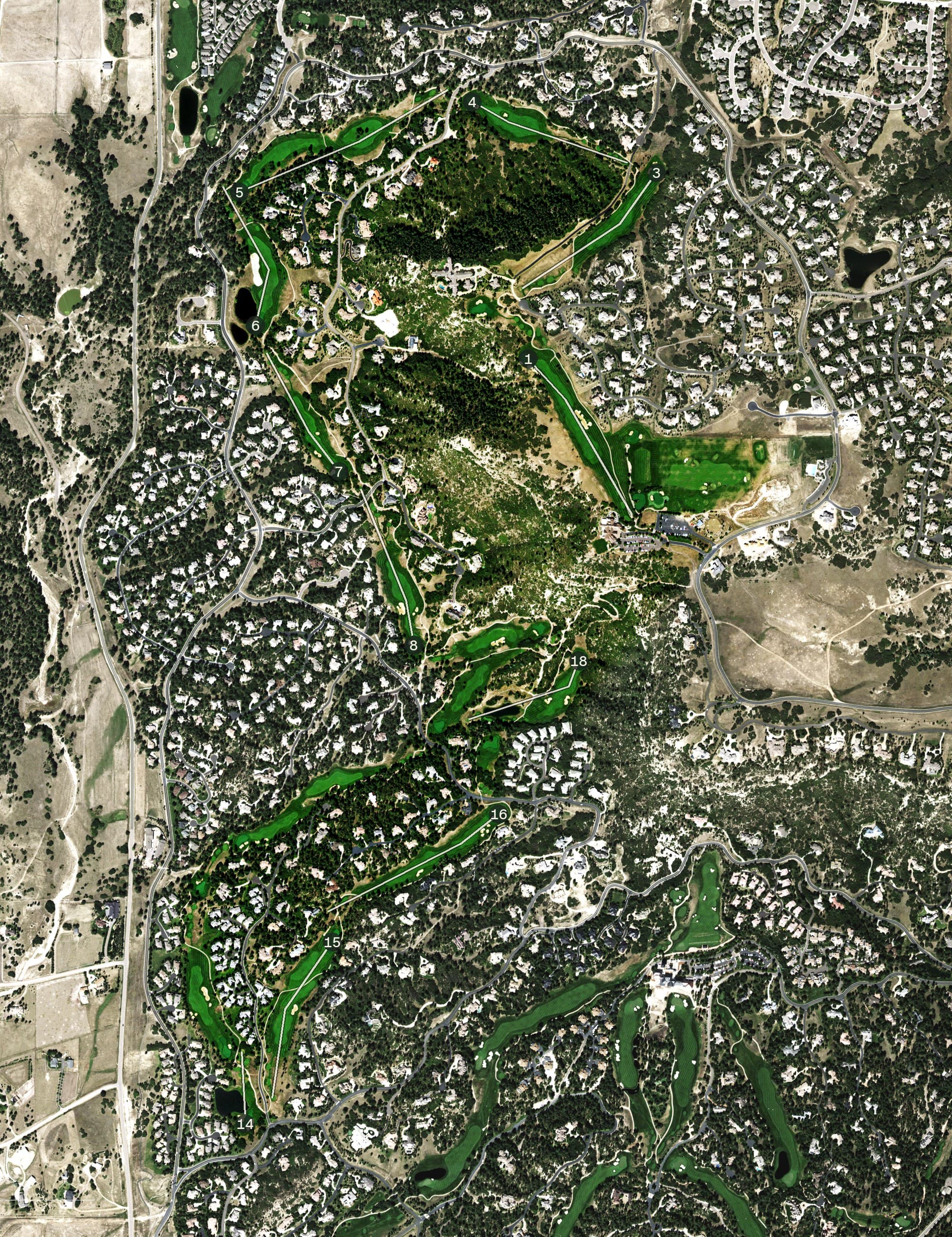 Aerial view of Castle Pines Golf Club, CO, with its hole routing marked