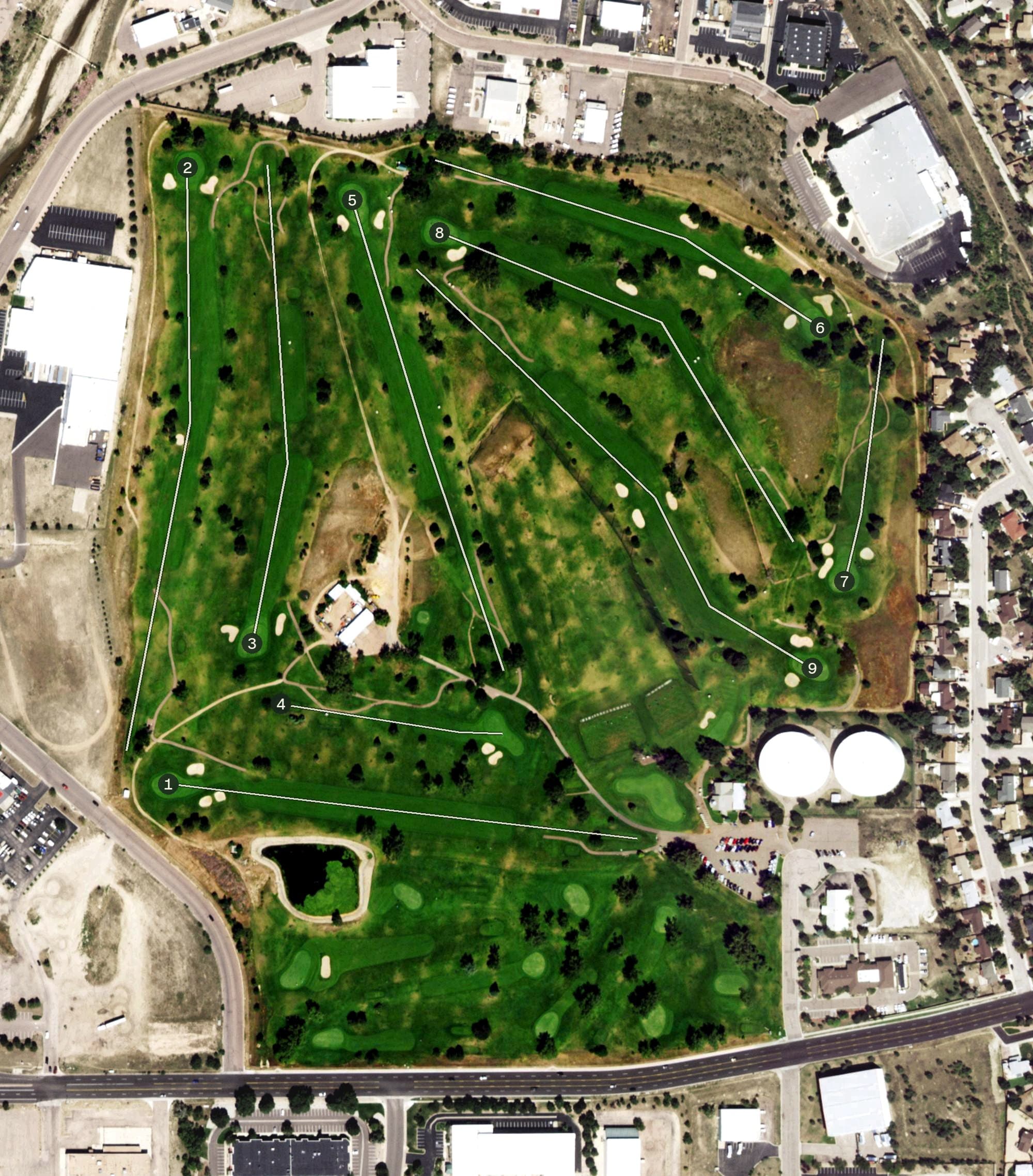 Aerial view of Cherokee Ridge Golf Course, CO, with its hole routing marked