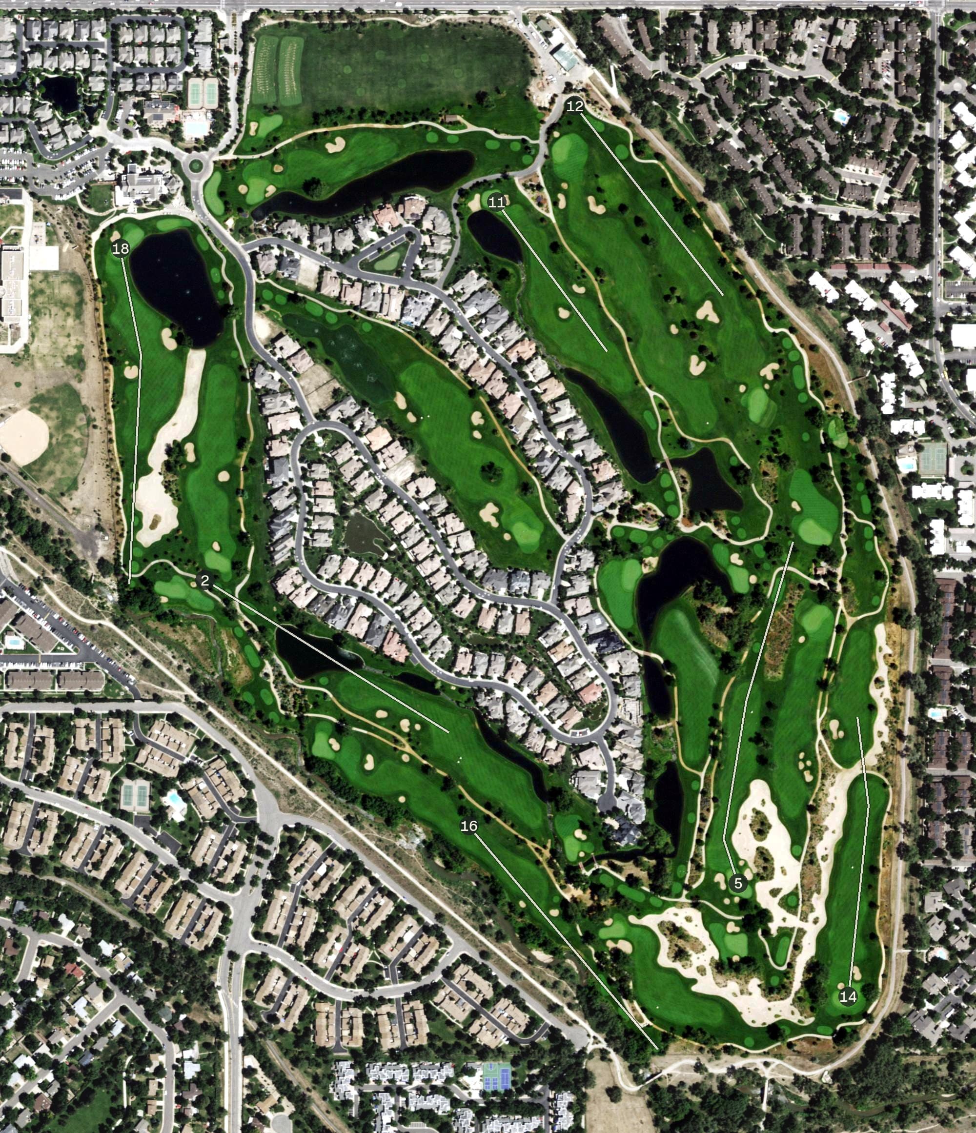 Aerial view of Cherry Creek Country Club, CO, with its hole routing marked