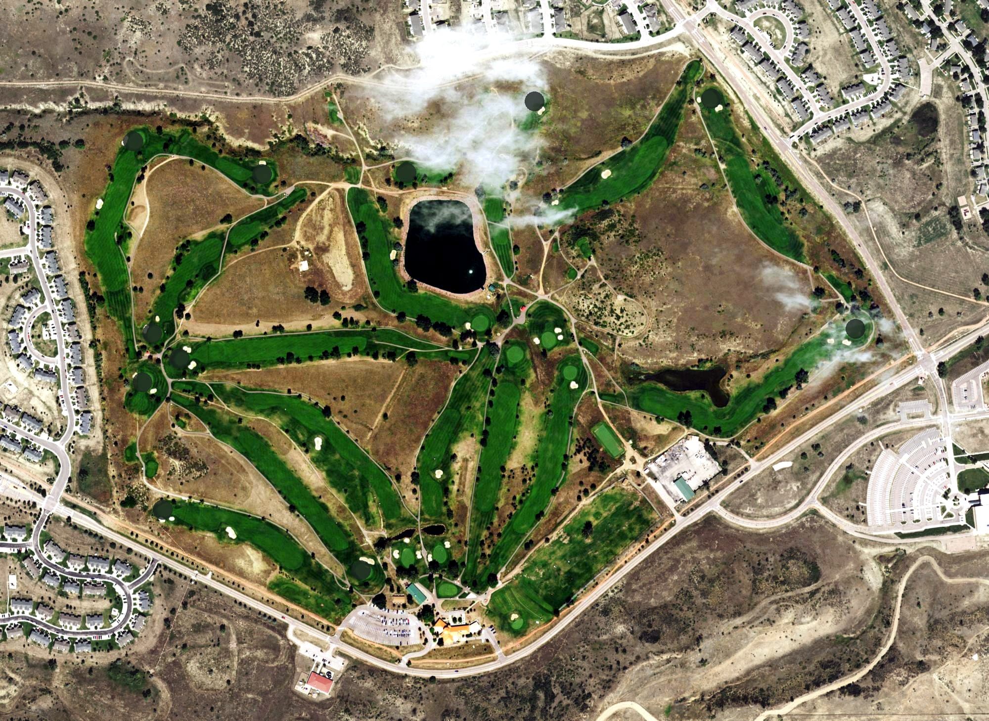 Aerial view of Cheyenne Shadows Golf Course, CO, with its hole routing marked