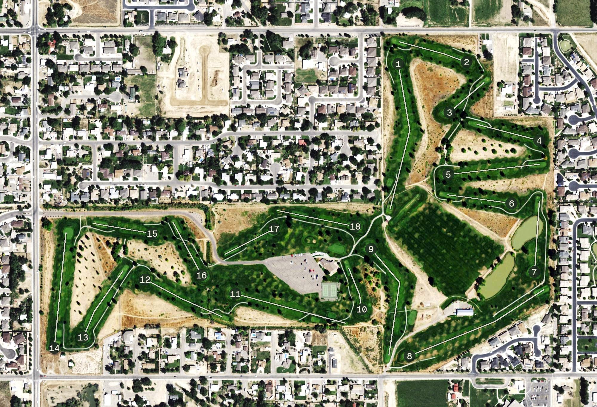 Aerial view of Chipeta Golf Club, CO, with its hole routing marked
