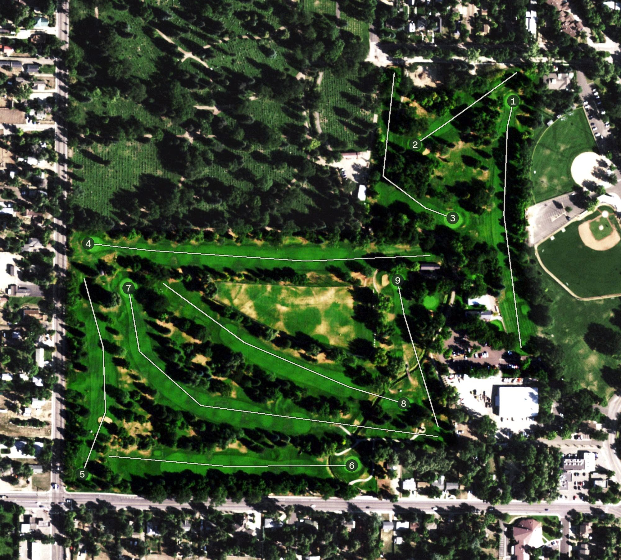 Aerial view of City Park Nine Golf Course, CO, with its hole routing marked