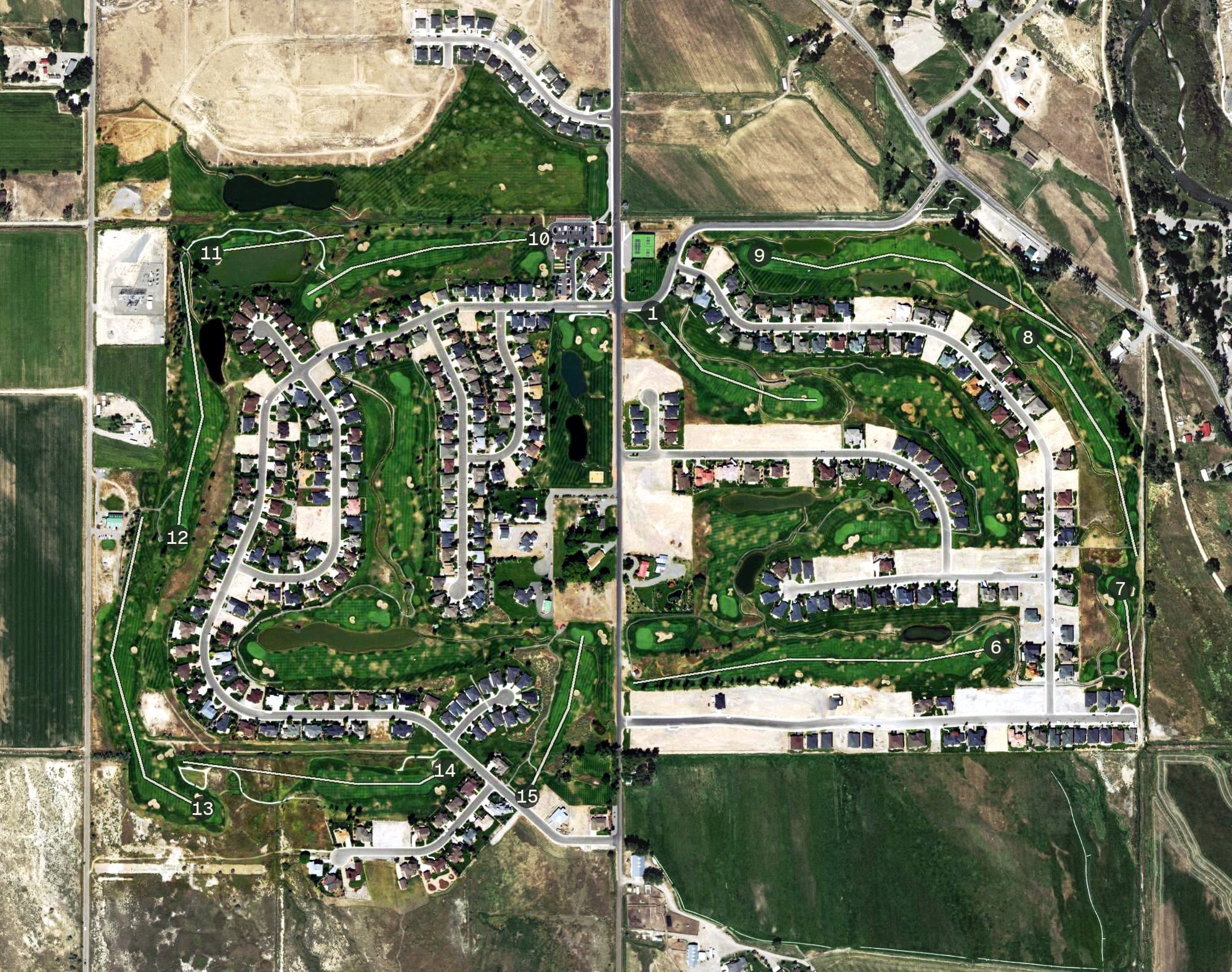Aerial view of Cobble Creek Golf Community, CO, with its hole routing marked