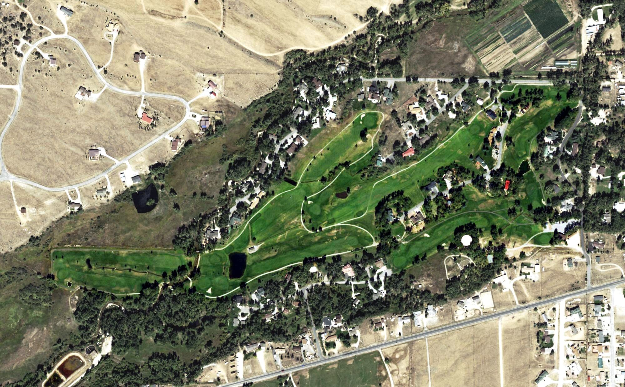Aerial view of Collegiate Peaks Golf Course, CO, with its hole routing marked