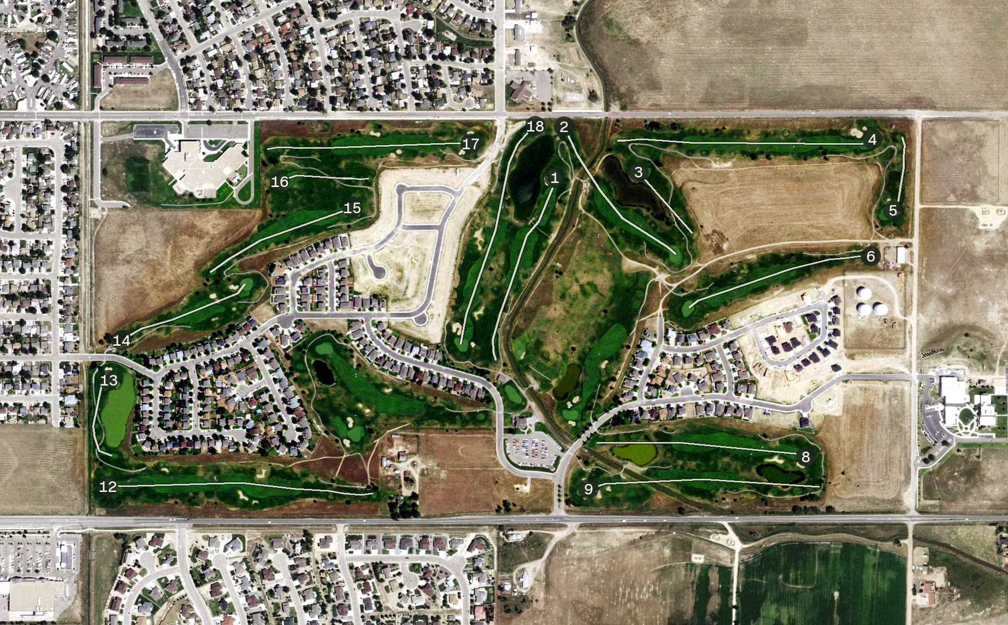 Aerial view of Coyote Creek Golf Club, CO, with its hole routing marked