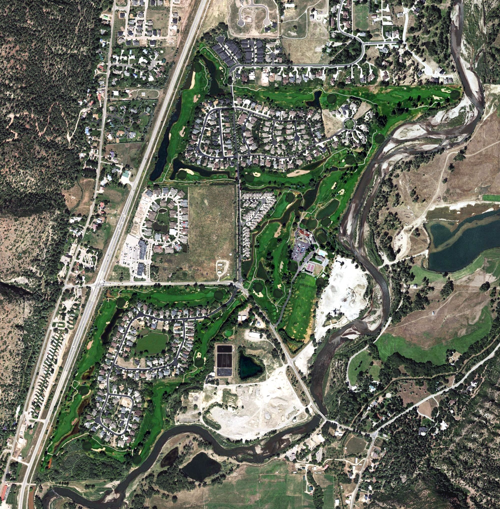 Aerial view of Dalton Ranch Golf Club, CO, with its hole routing marked