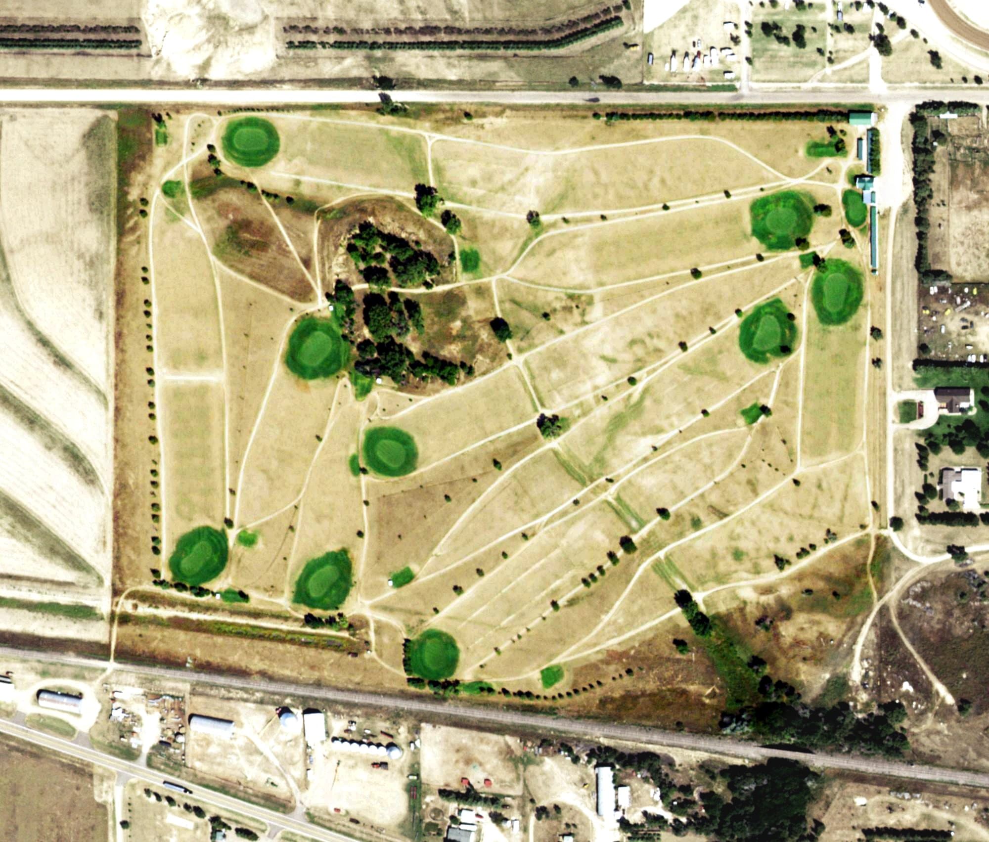 Aerial view of Eads Golf & Country Club, CO, with its hole routing marked