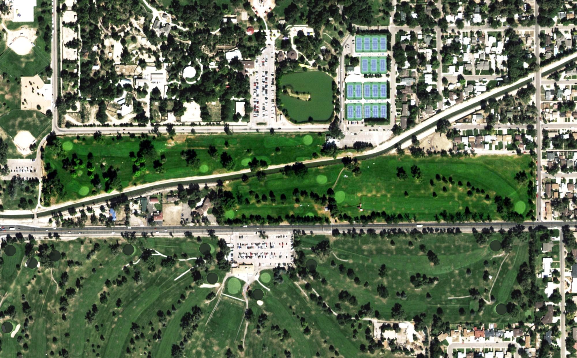 Aerial view of Elmwood Golf Course, CO, with its hole routing marked