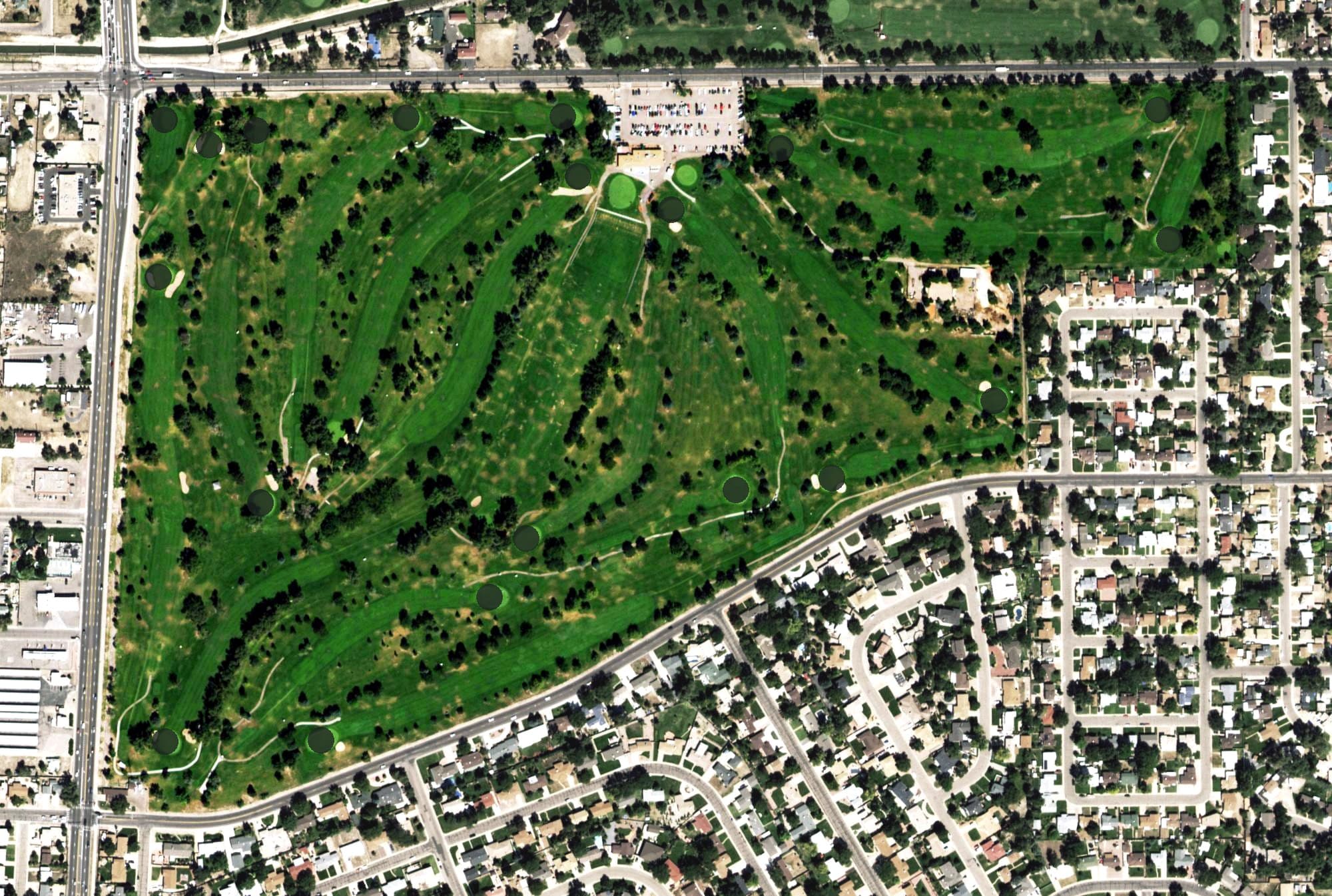 Aerial view of Elmwood Golf Course, CO, with its hole routing marked