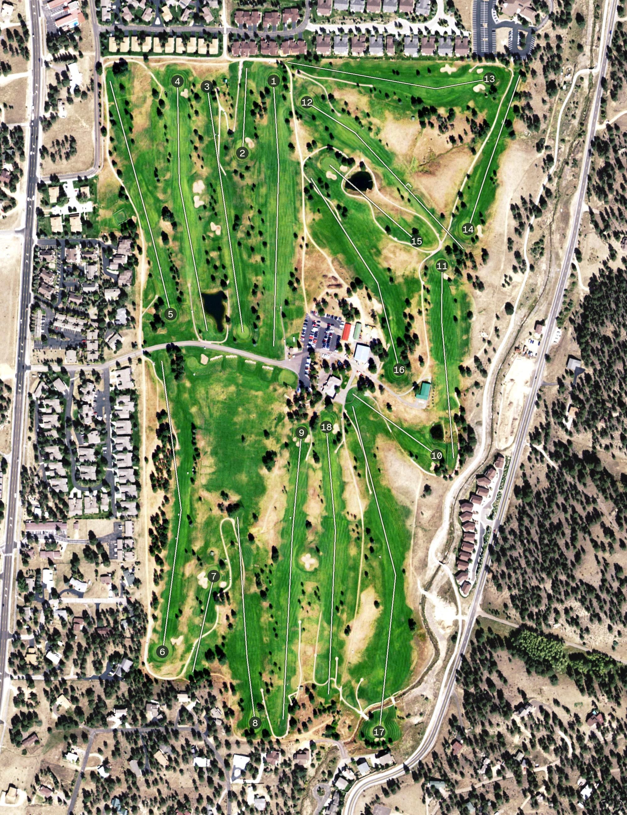 Aerial view of Estes Park Golf Course, CO, with its hole routing marked