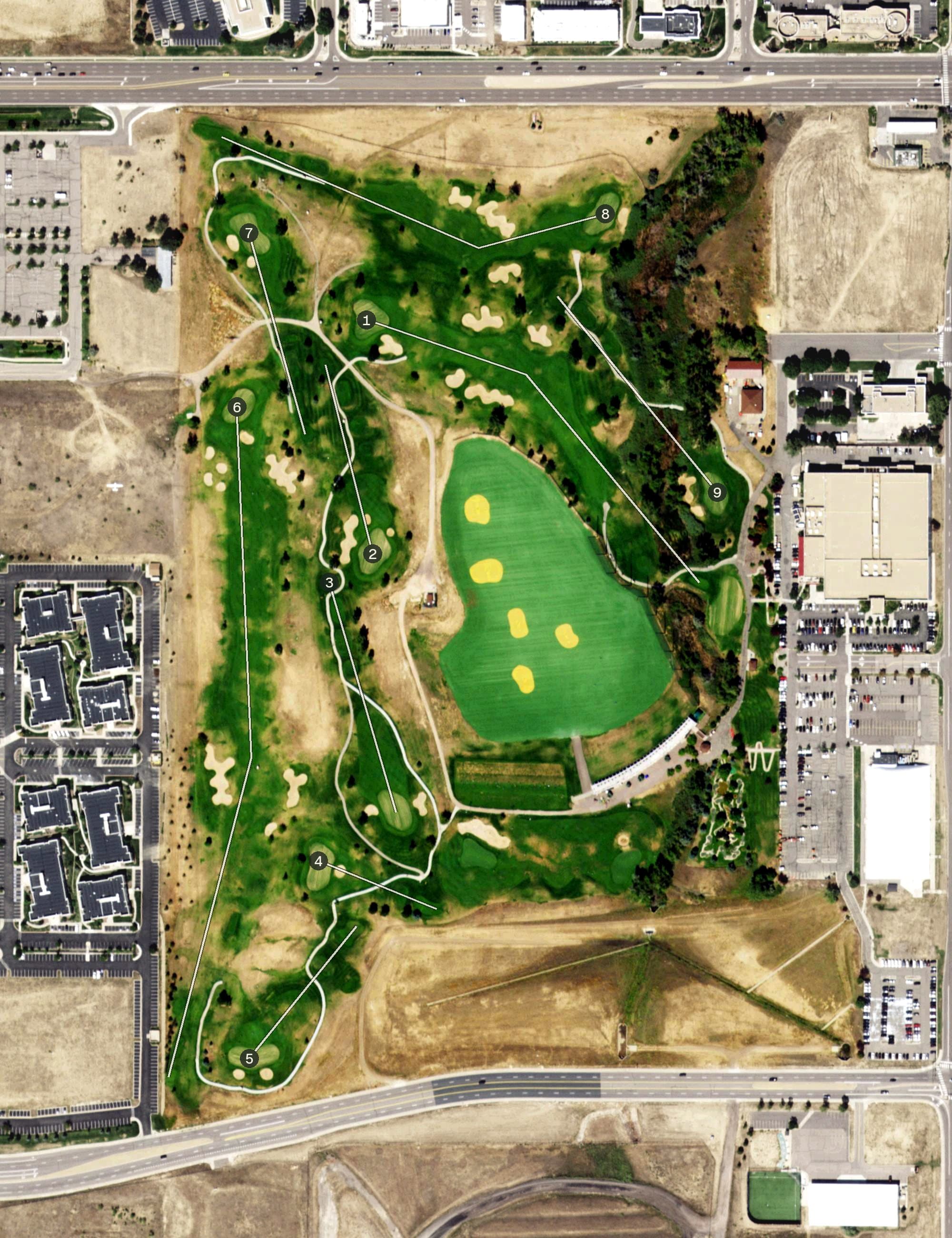 Aerial view of Family Sports Golf Course, CO, with its hole routing marked