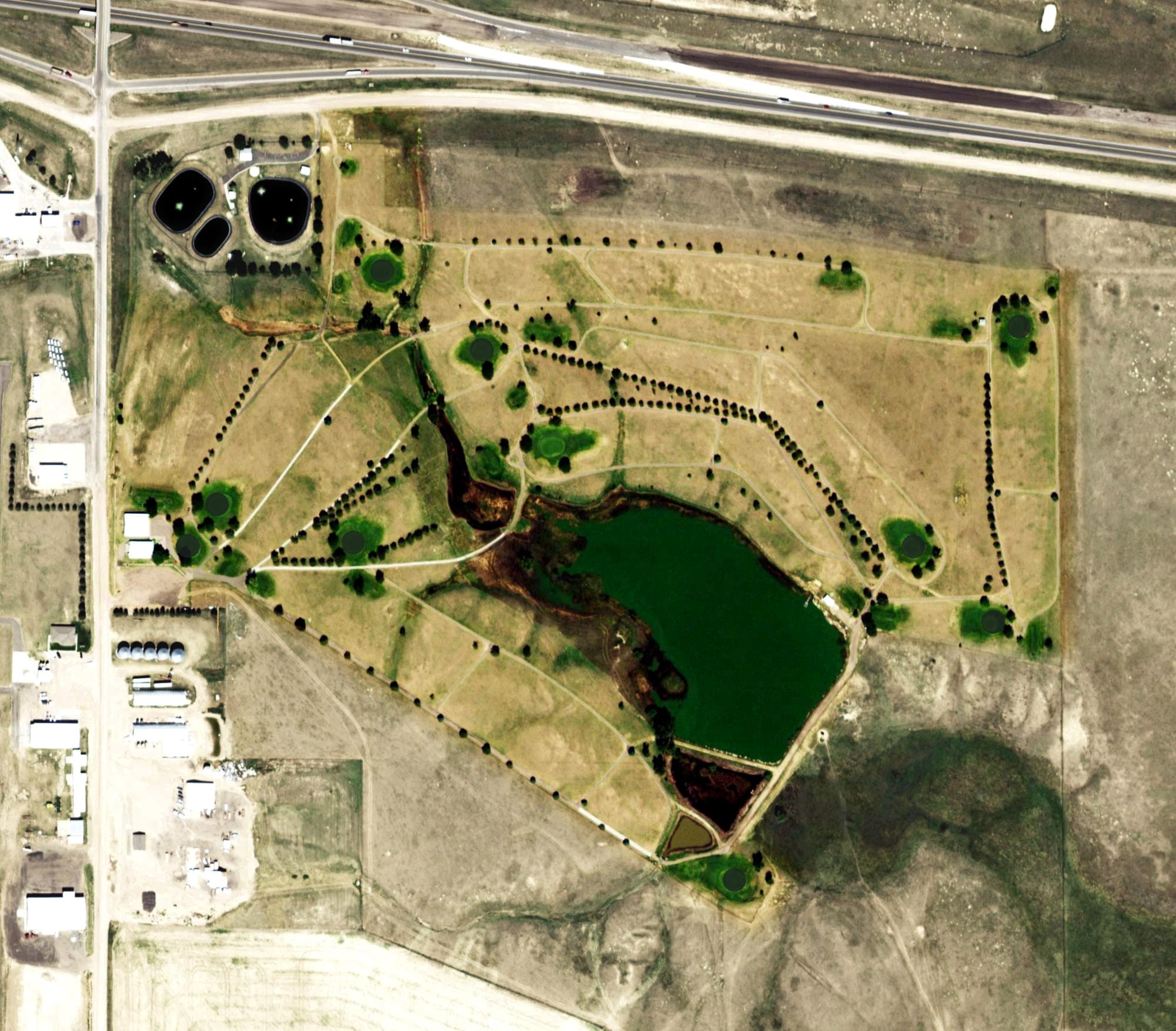 Aerial view of Flagler Golf Club, CO, with its hole routing marked